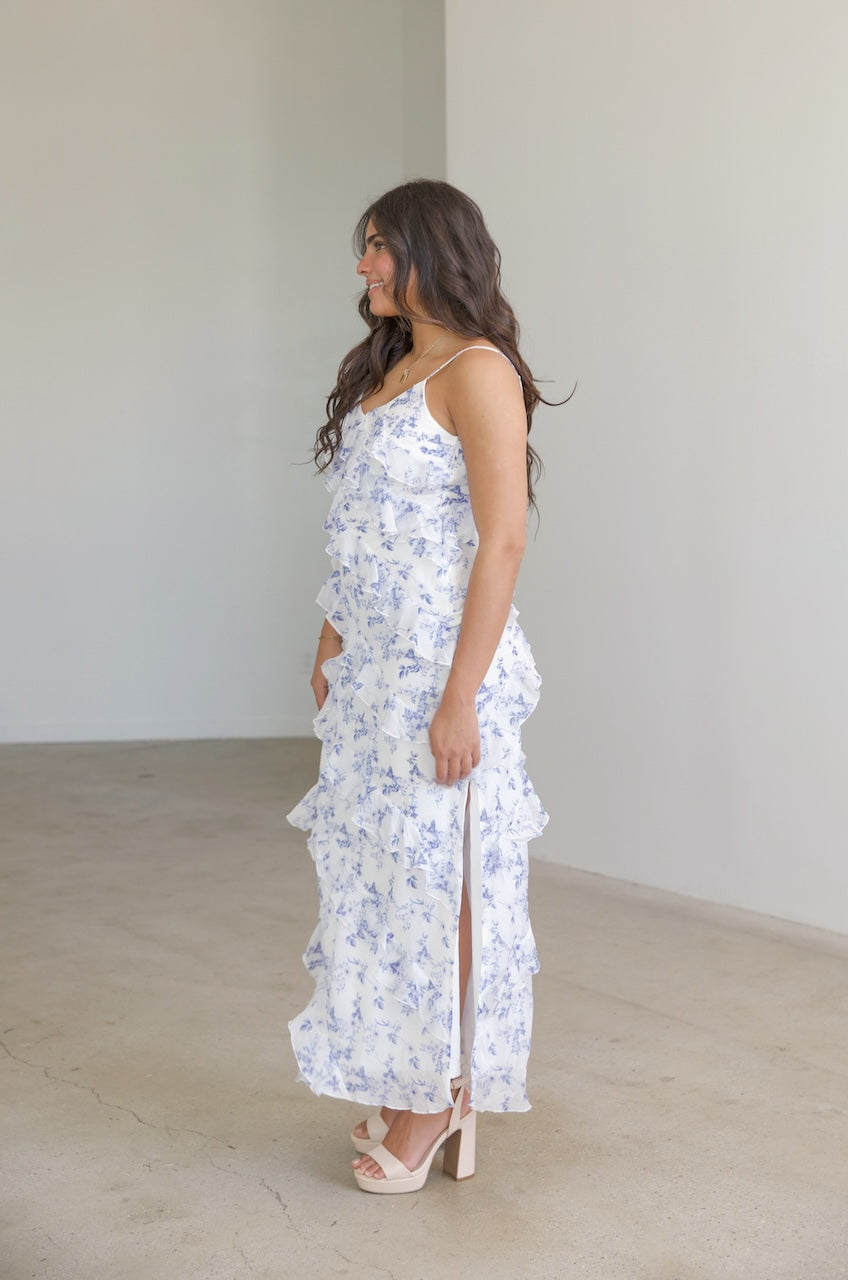 blue and white floral layered ruffle maxi dress with spaghetti straps