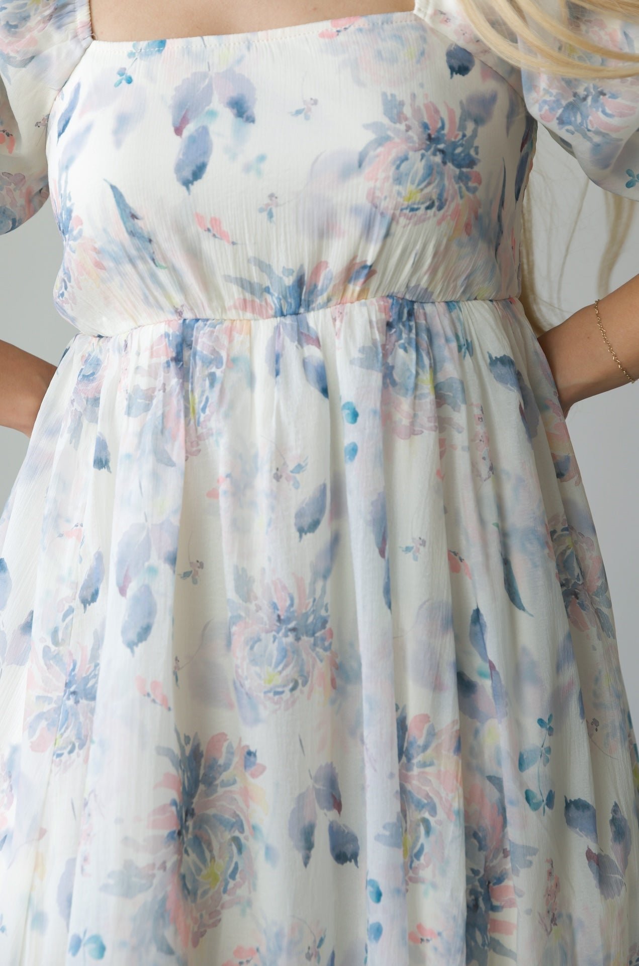 blue floral print square neck maxi dress