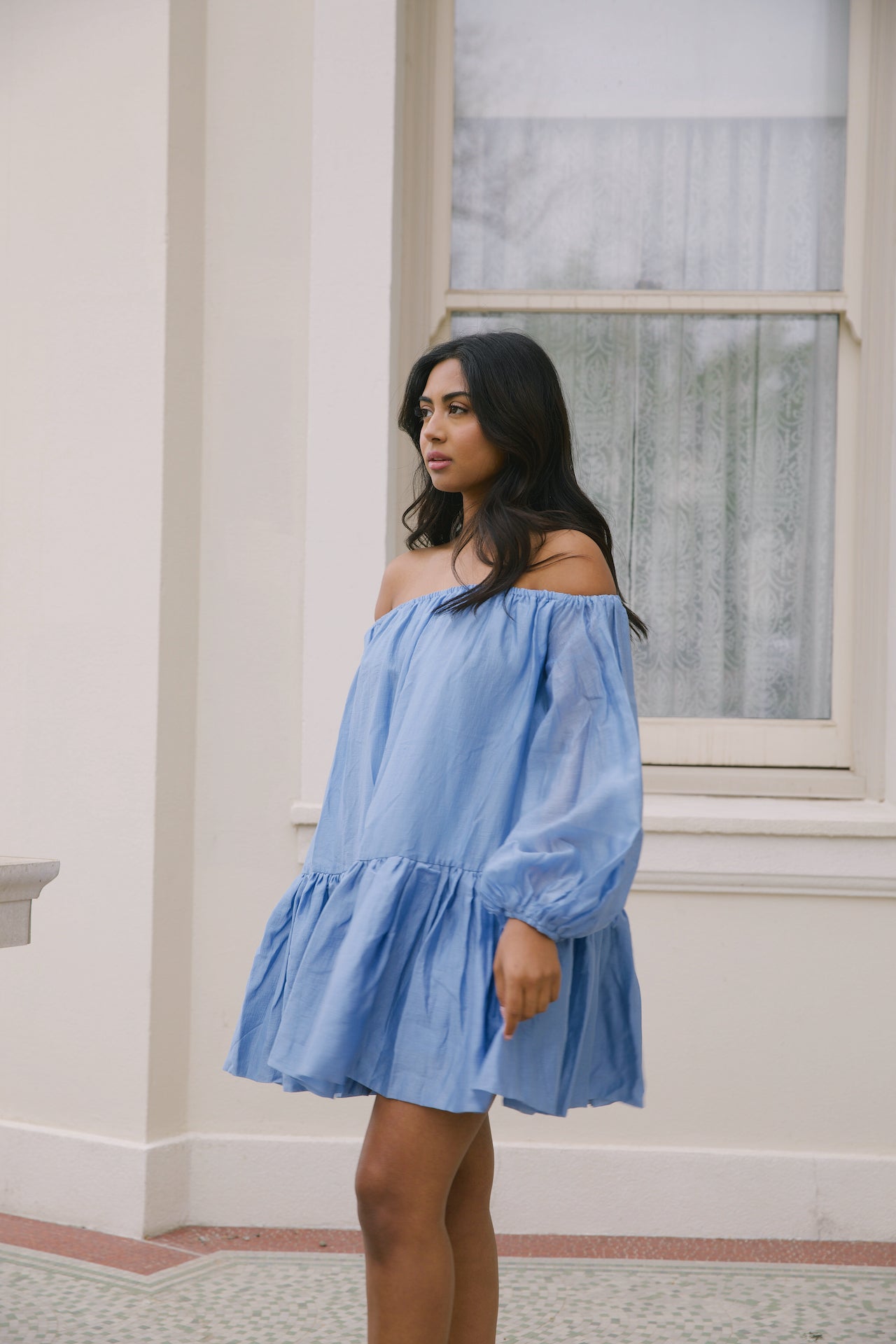 Blue off the 2025 shoulder mini dress