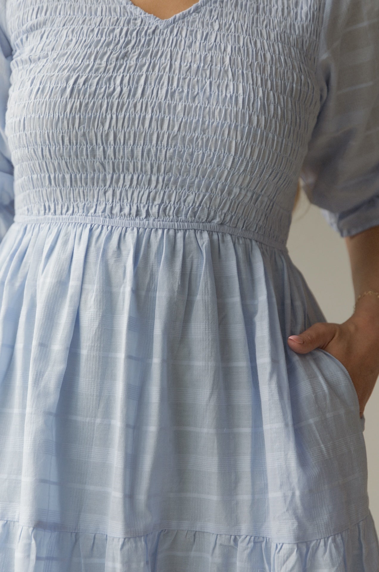Penelope Blue Smocked Midi Dress