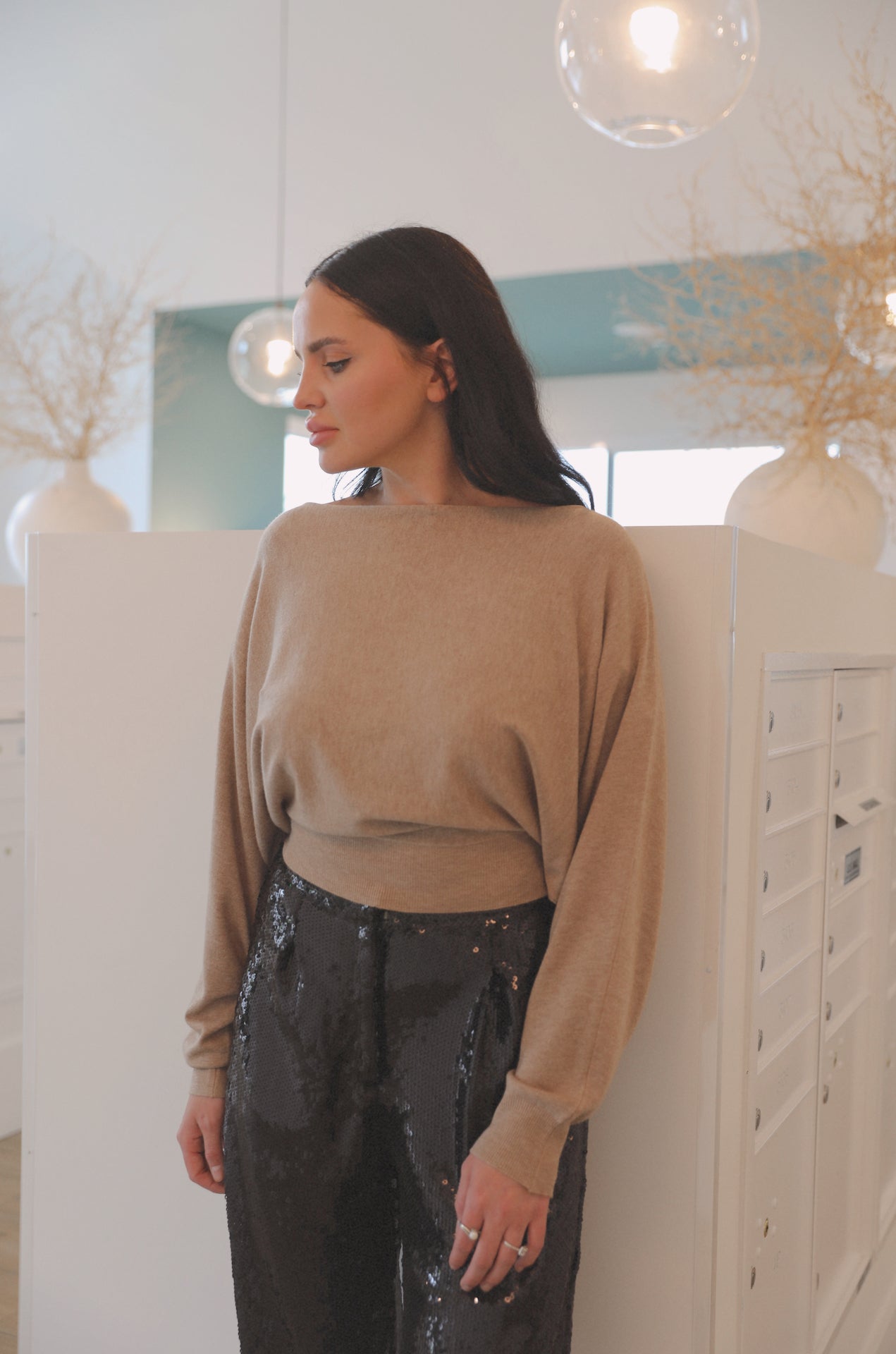 camel beige off the shoulder boat neck sweater top