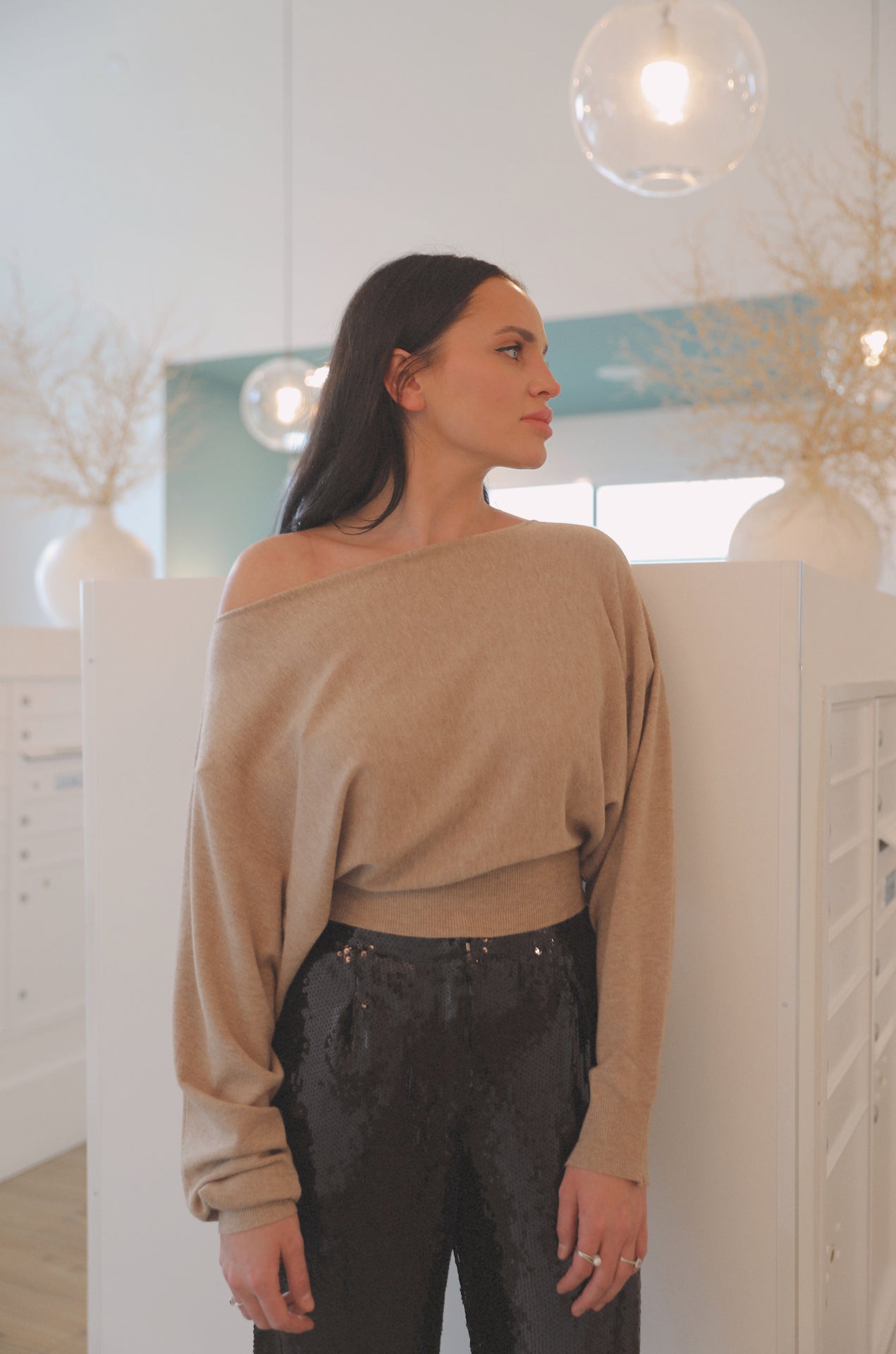 camel beige off the shoulder boat neck sweater top