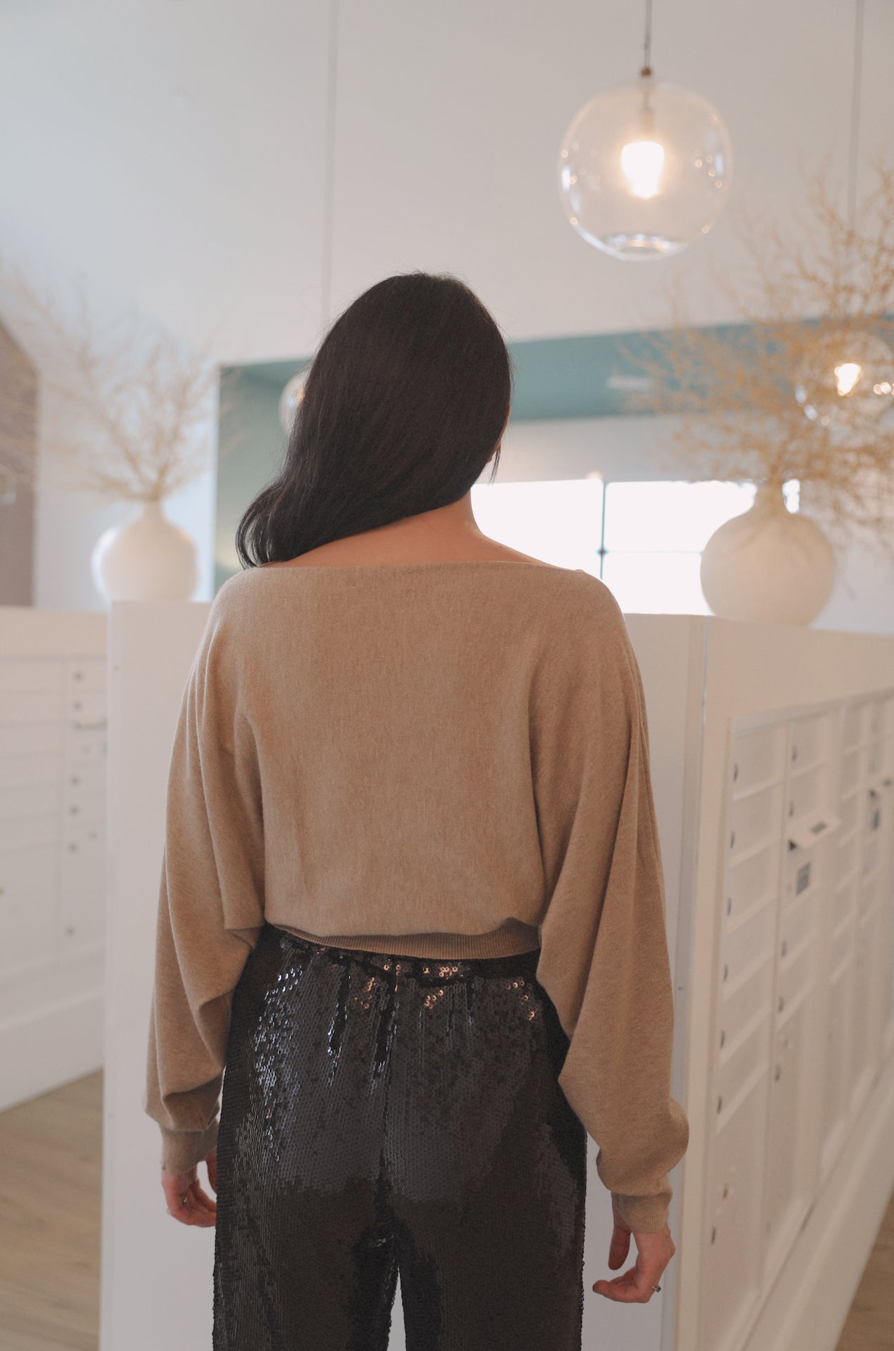 camel beige off the shoulder boat neck sweater top