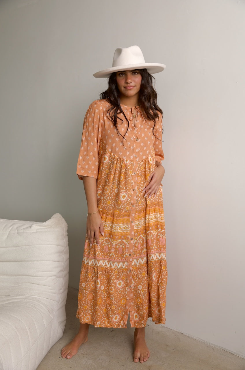 Orange Boho Floral Shirt Dress