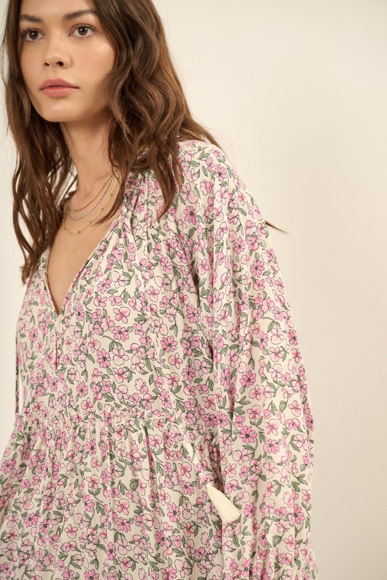 Pink floral print boho long sleeve tiered midi dress