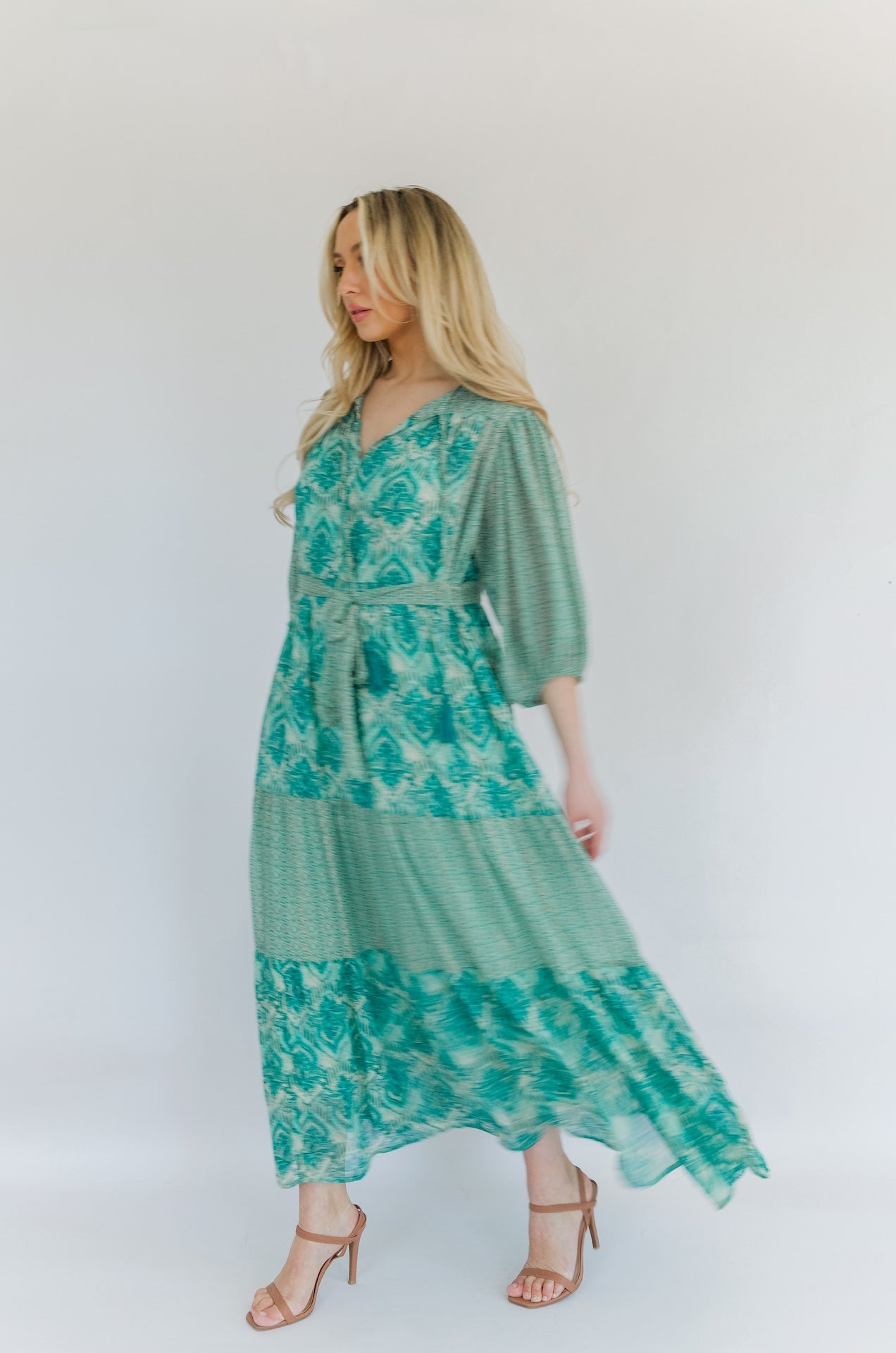 knee length dresses for ladies Audette Teal Floral Halter Midi Dress