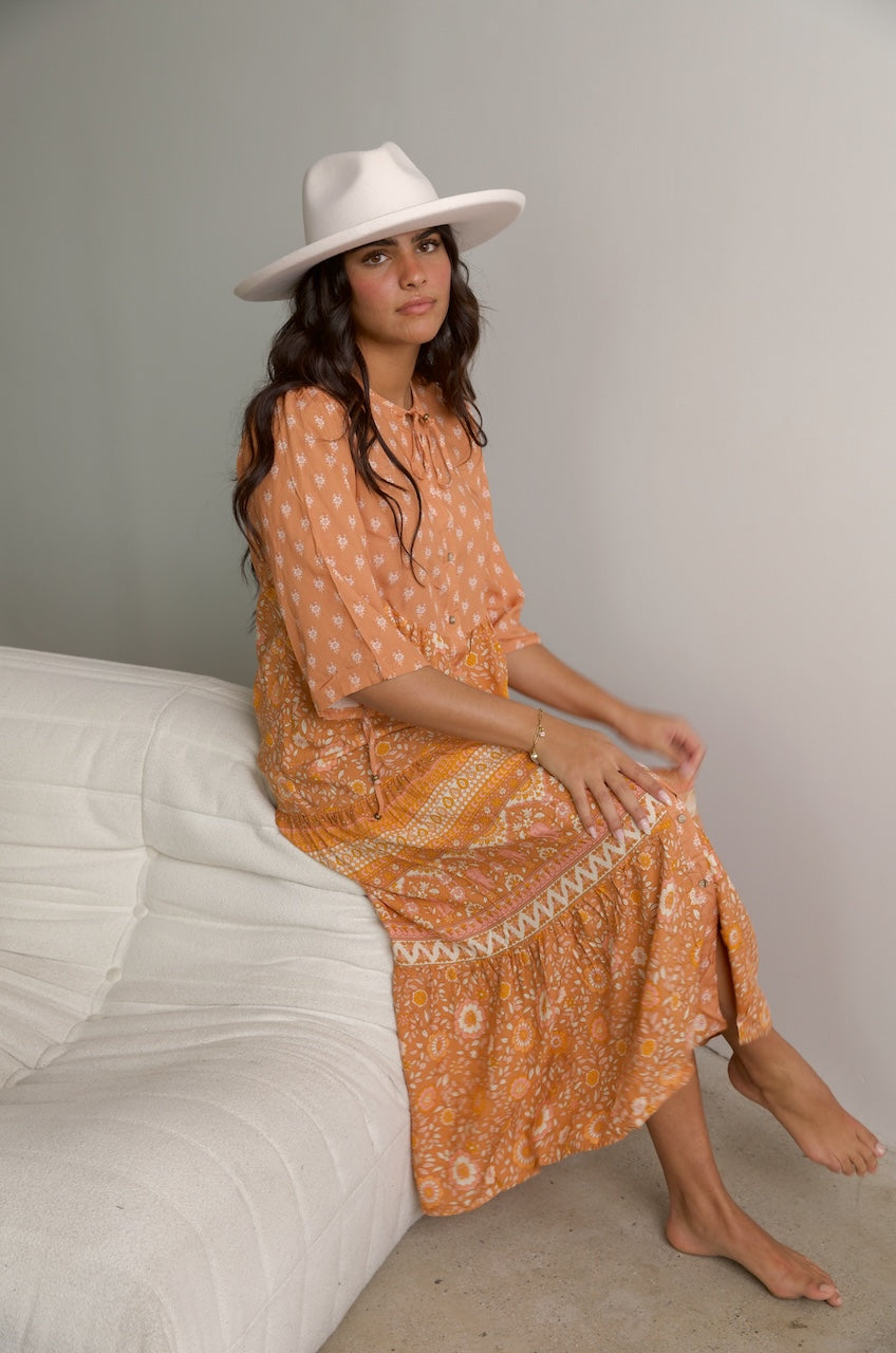 Orange Boho Floral Shirt Dress