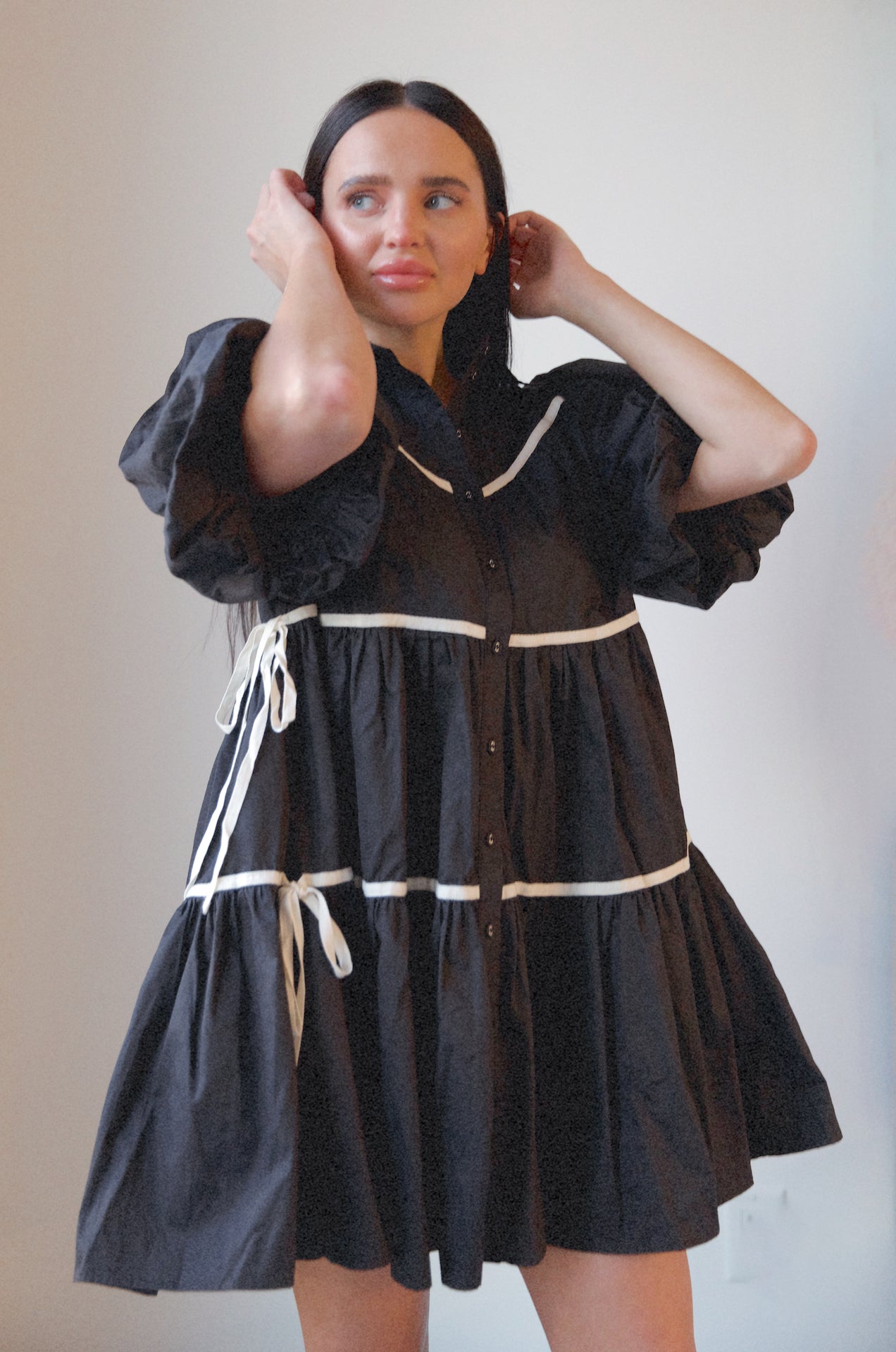 black poplin puff sleeve babydoll mini dress