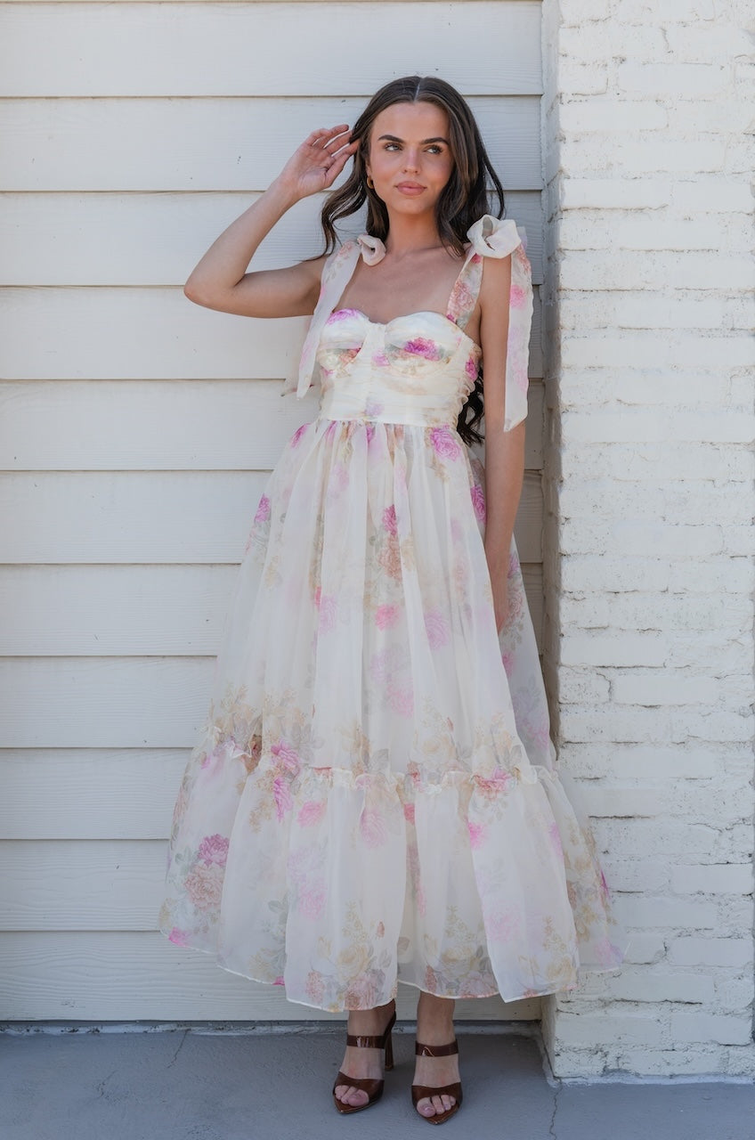 Ivory Floral Tie Strap Midi Dress