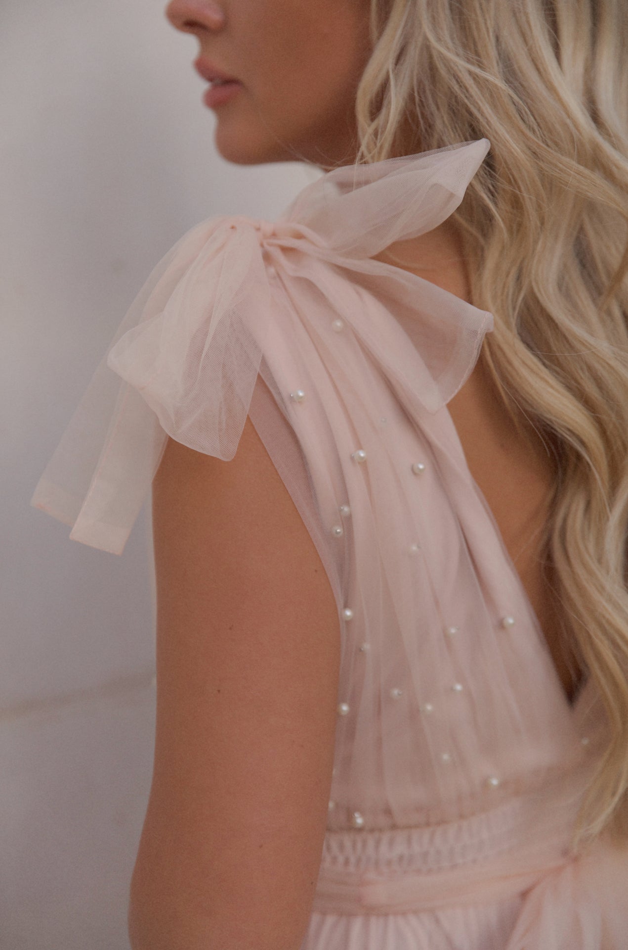 pink tiered tulle maxi dress gown with pearl embellishment