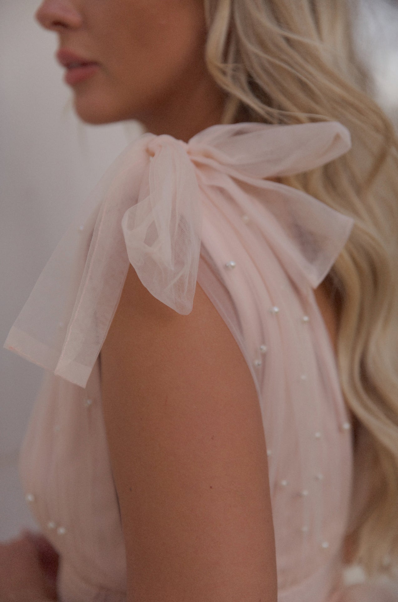 pink tiered tulle maxi dress gown with pearl embellishment