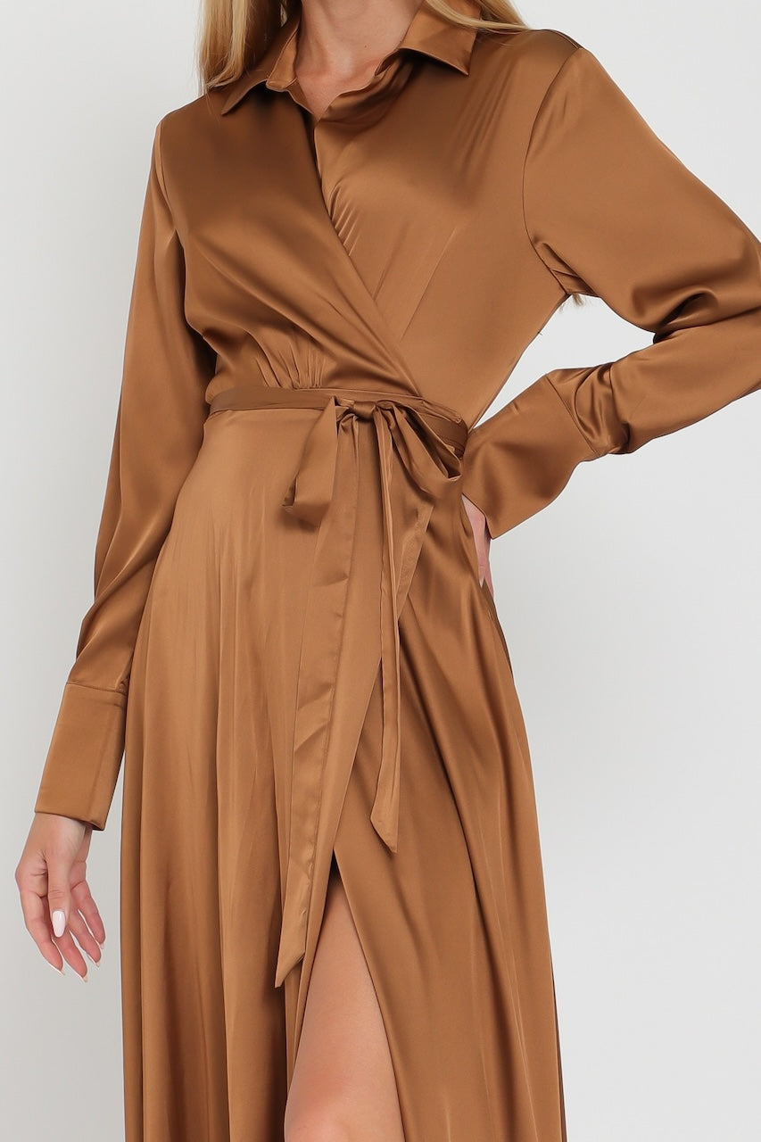 Bronze satin wrap maxi dress with collar and long sleeves