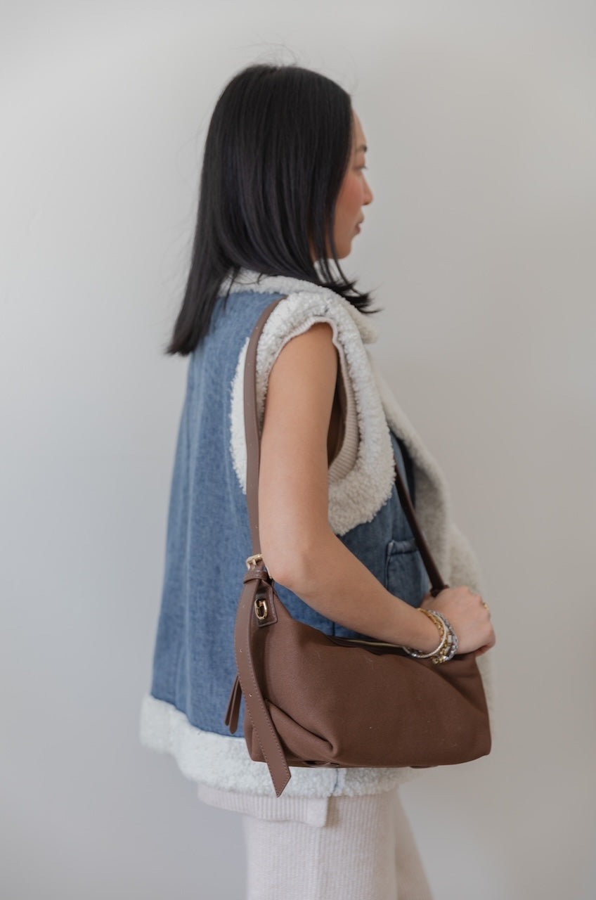 Melie Bianco Lilith Brown Suede Hobo Bag - Vegan Crescent Shoulder Purse