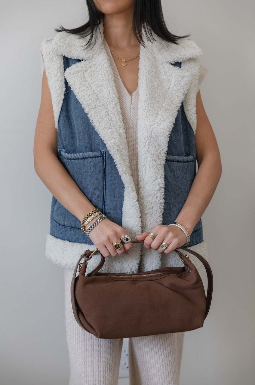 Melie Bianco Lilith Brown Suede Hobo Bag - Vegan Crescent Shoulder Purse
