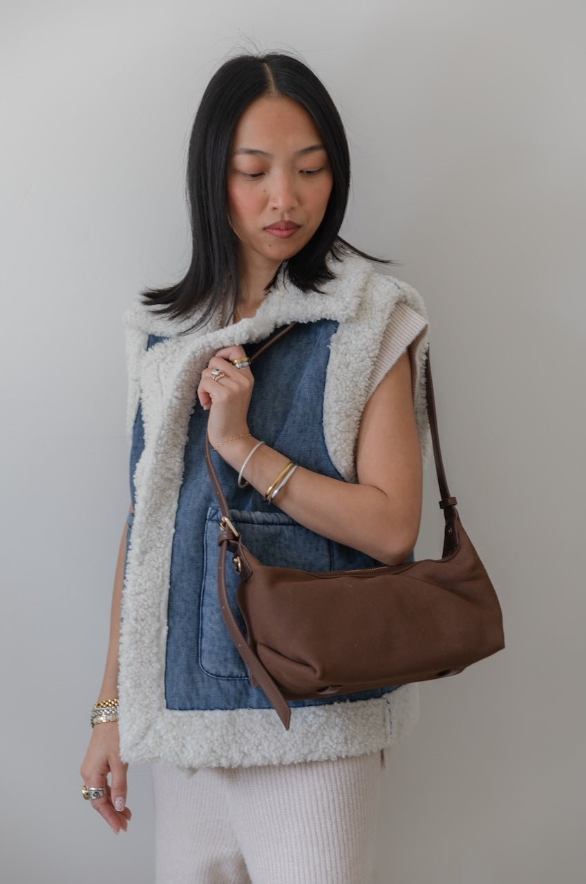 Melie Bianco Lilith Brown Suede Hobo Bag - Vegan Crescent Shoulder Purse