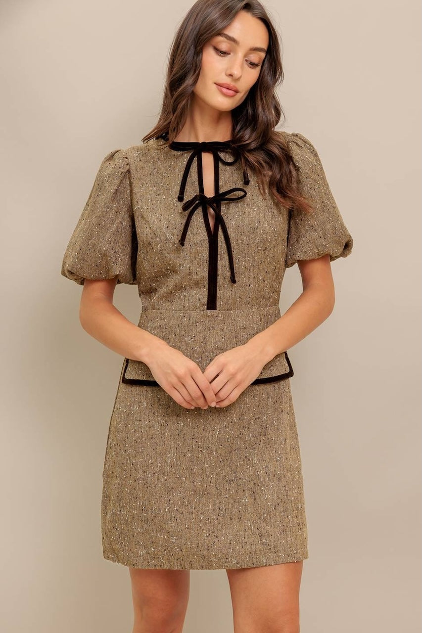 Brown Puff Sleeve Tweed Mini Dress