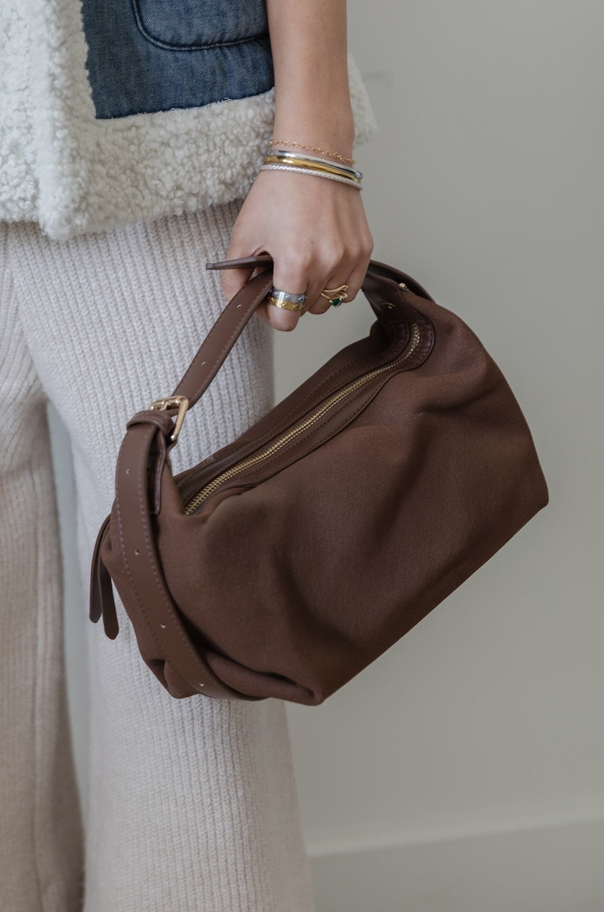 Melie Bianco Lilith Brown Suede Hobo Bag - Vegan Crescent Shoulder Purse