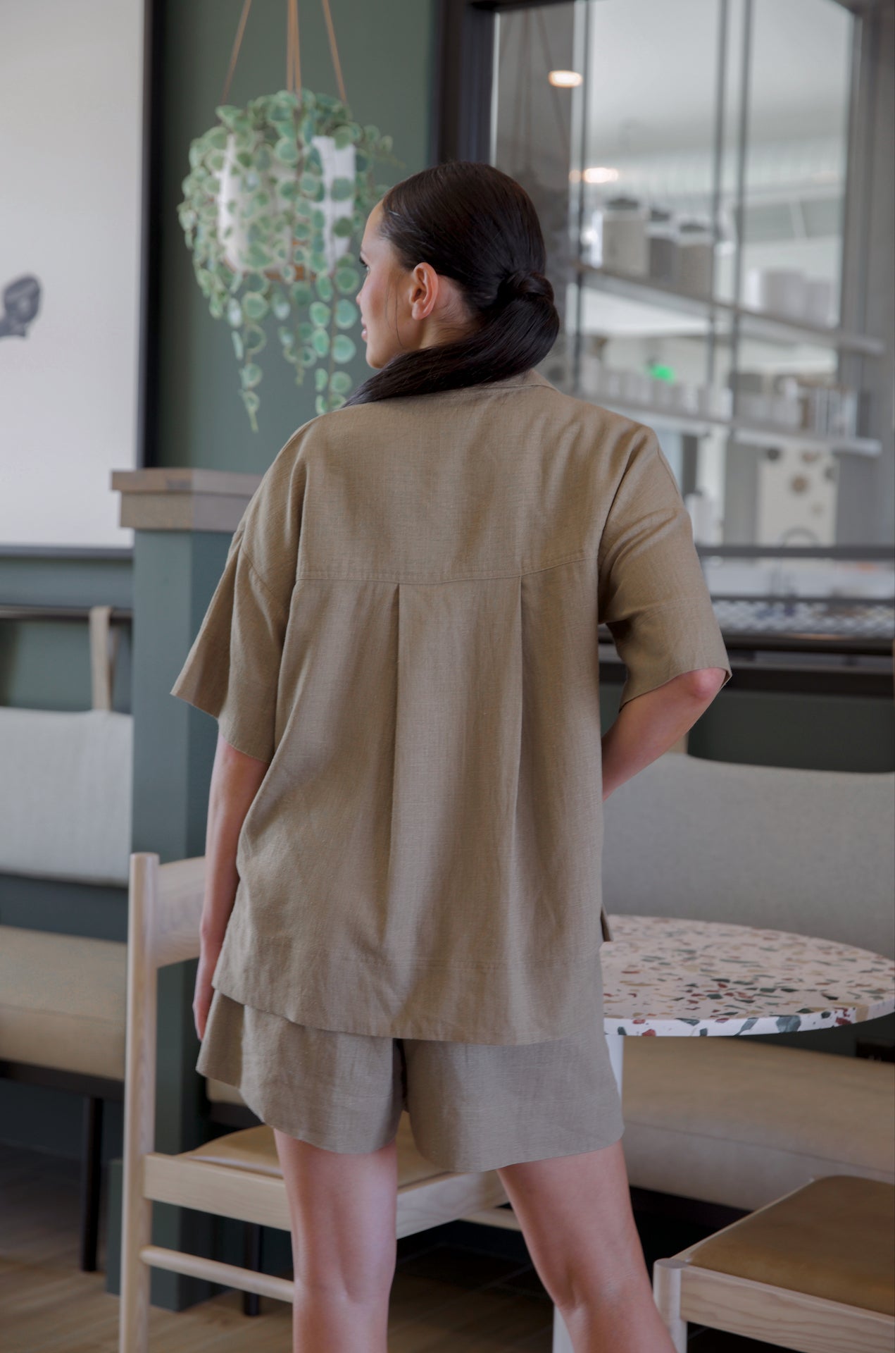 brown linen 2 piece linen shorts and top set for women