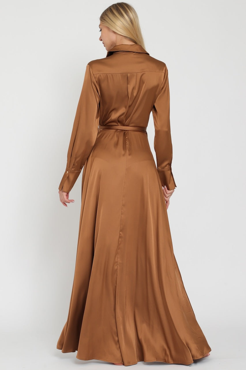Bronze satin wrap maxi dress with collar and long sleeves