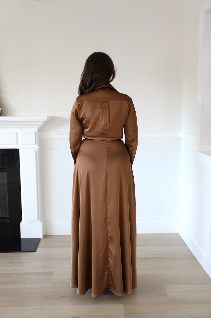 Bronze satin wrap maxi dress with collar and long sleeves