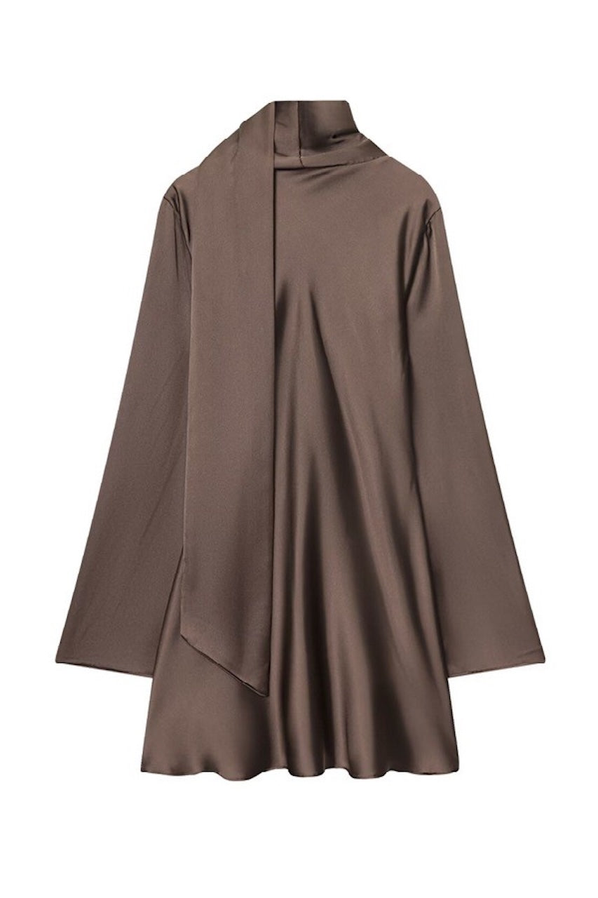 Brown dress with a high neckline on a white background