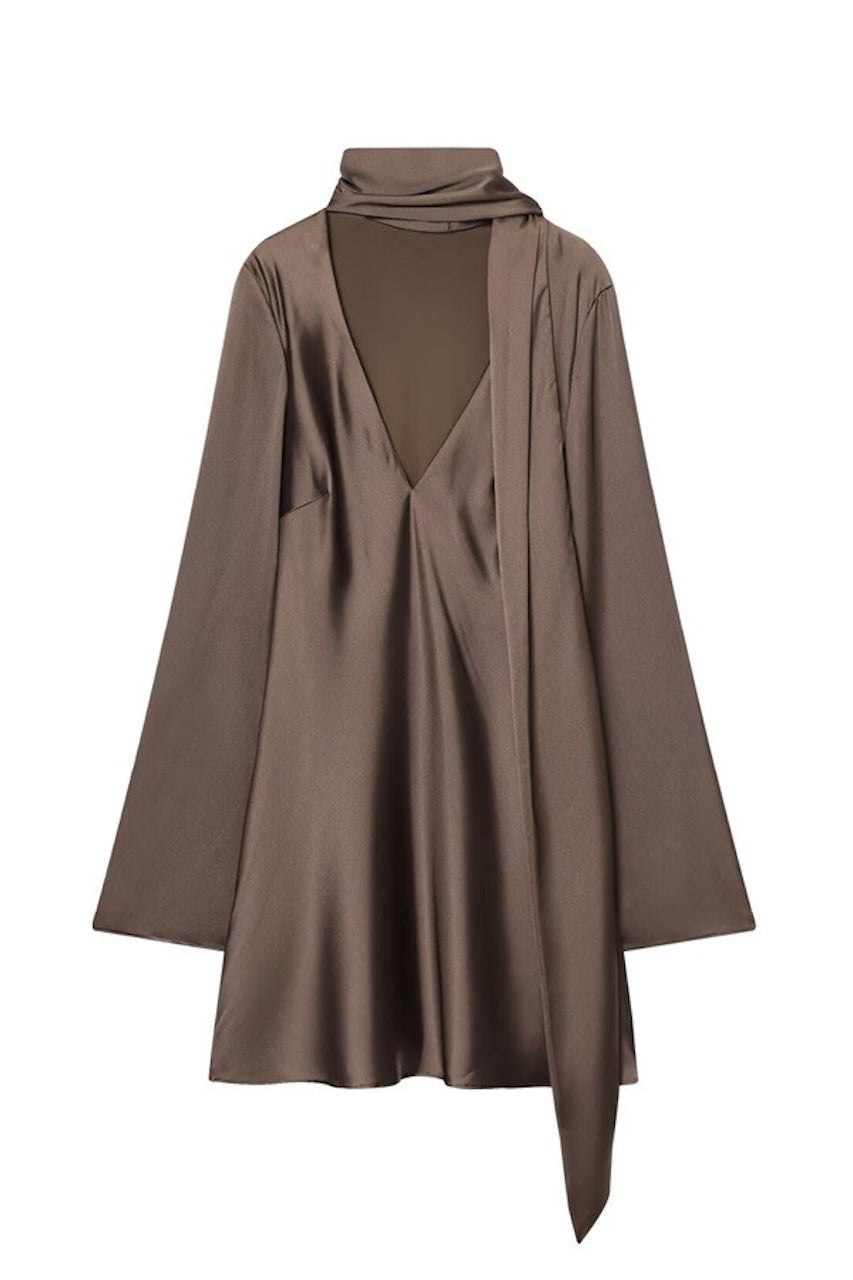 Brown satin dress with long sleeves on a white background