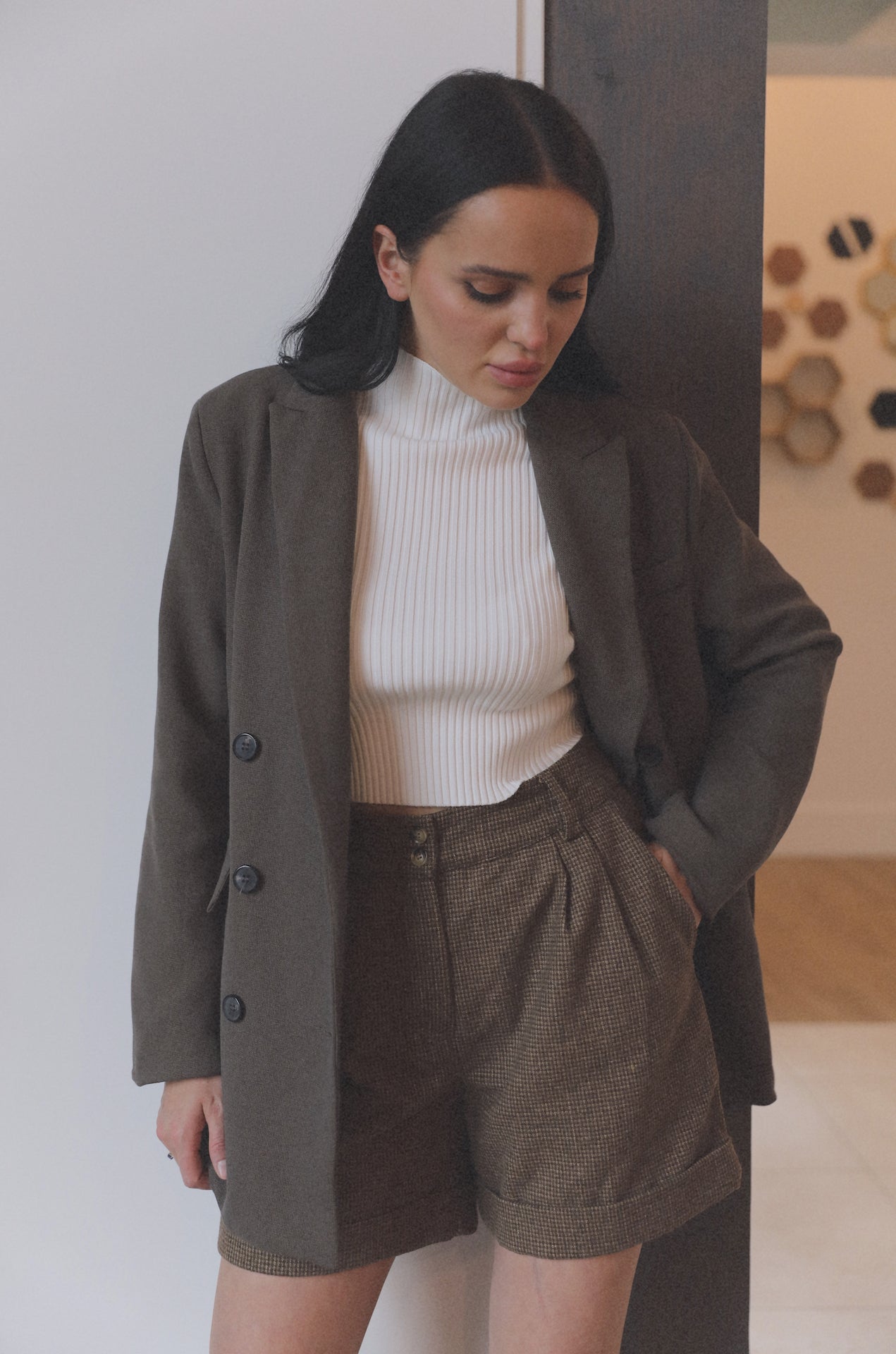 brown double breasted oversized blazer