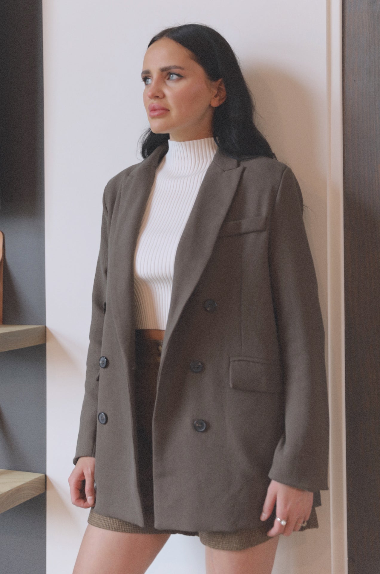 brown double breasted oversized blazer