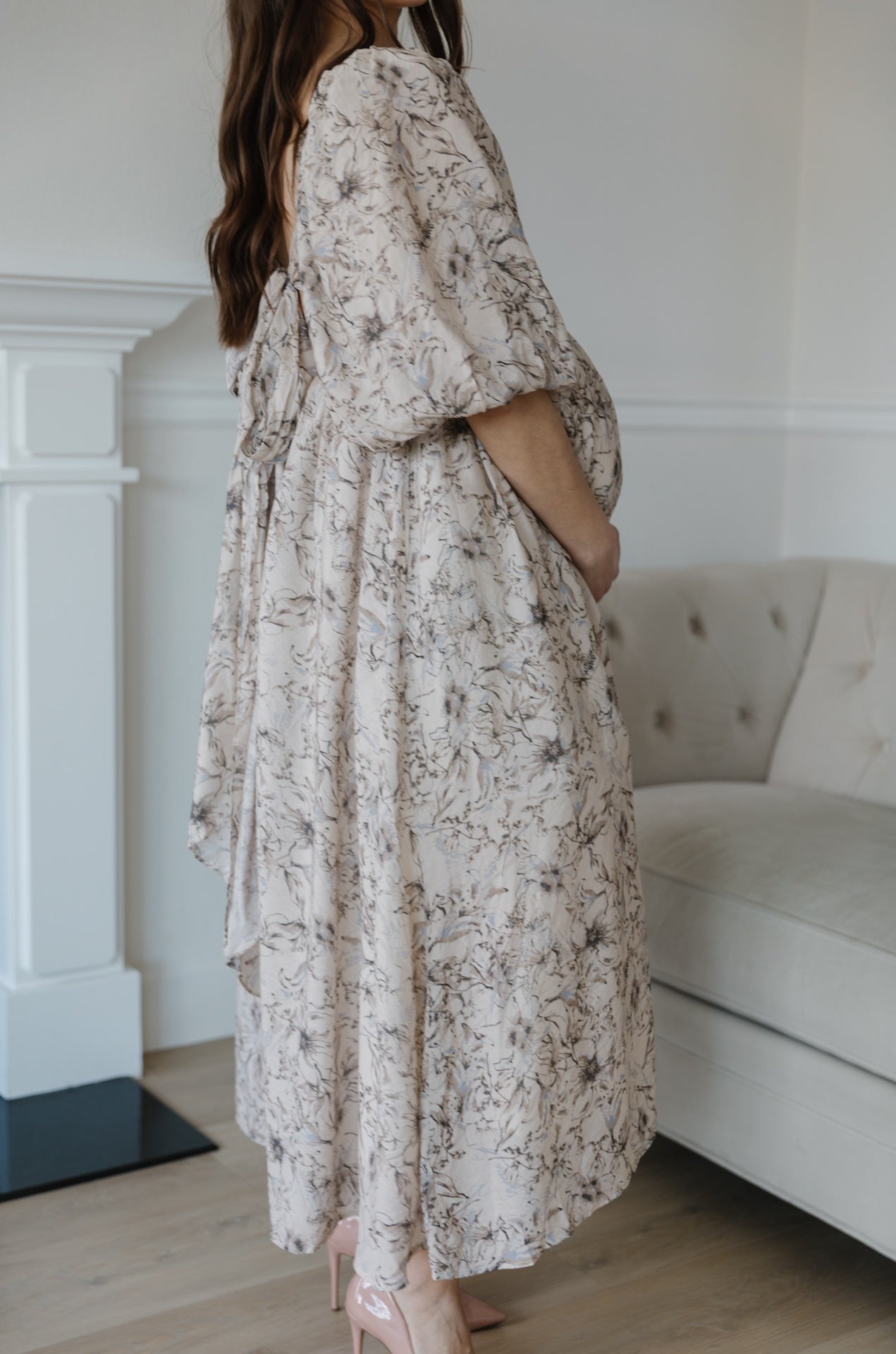 beige floral puff sleeve midi dress with a back bow tie