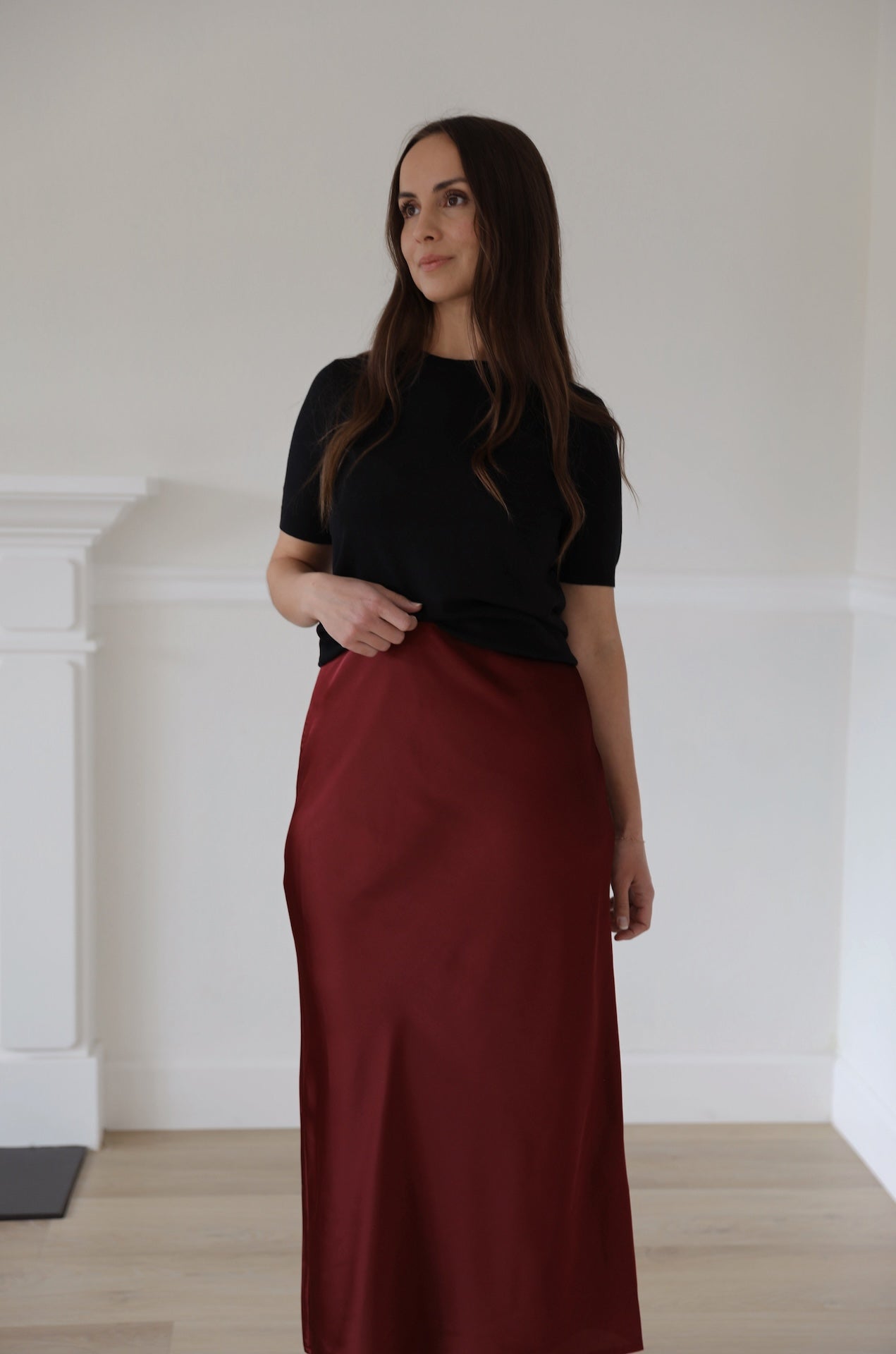 red burgundy satin midi skirt pull on