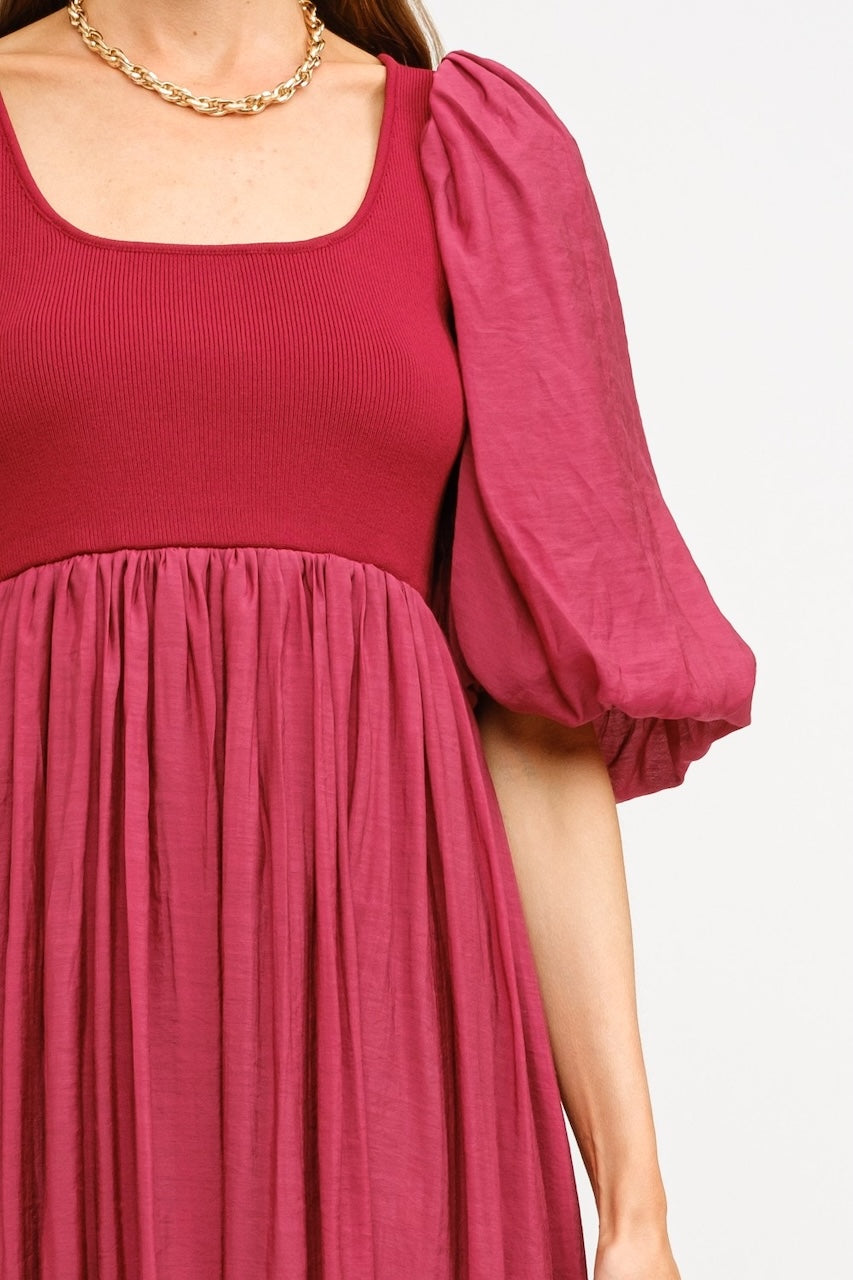 Enchanted Burgundy Puff Sleeve Midi Dress