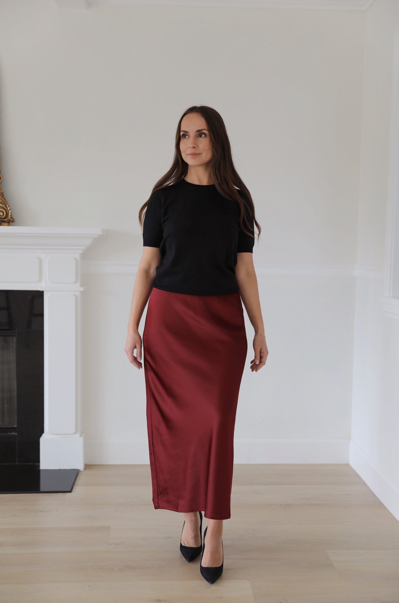 red burgundy satin midi skirt pull on