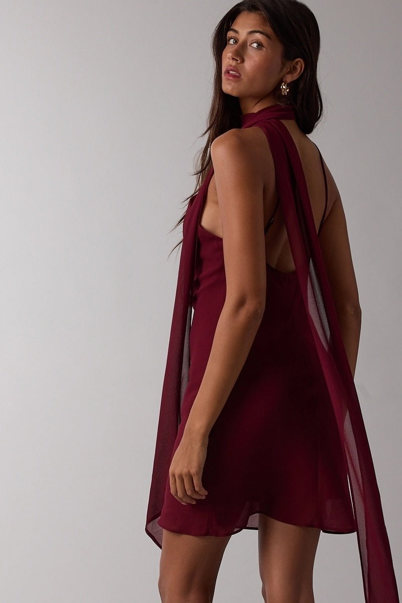 Burgundy Halter Scarf Mini Dress