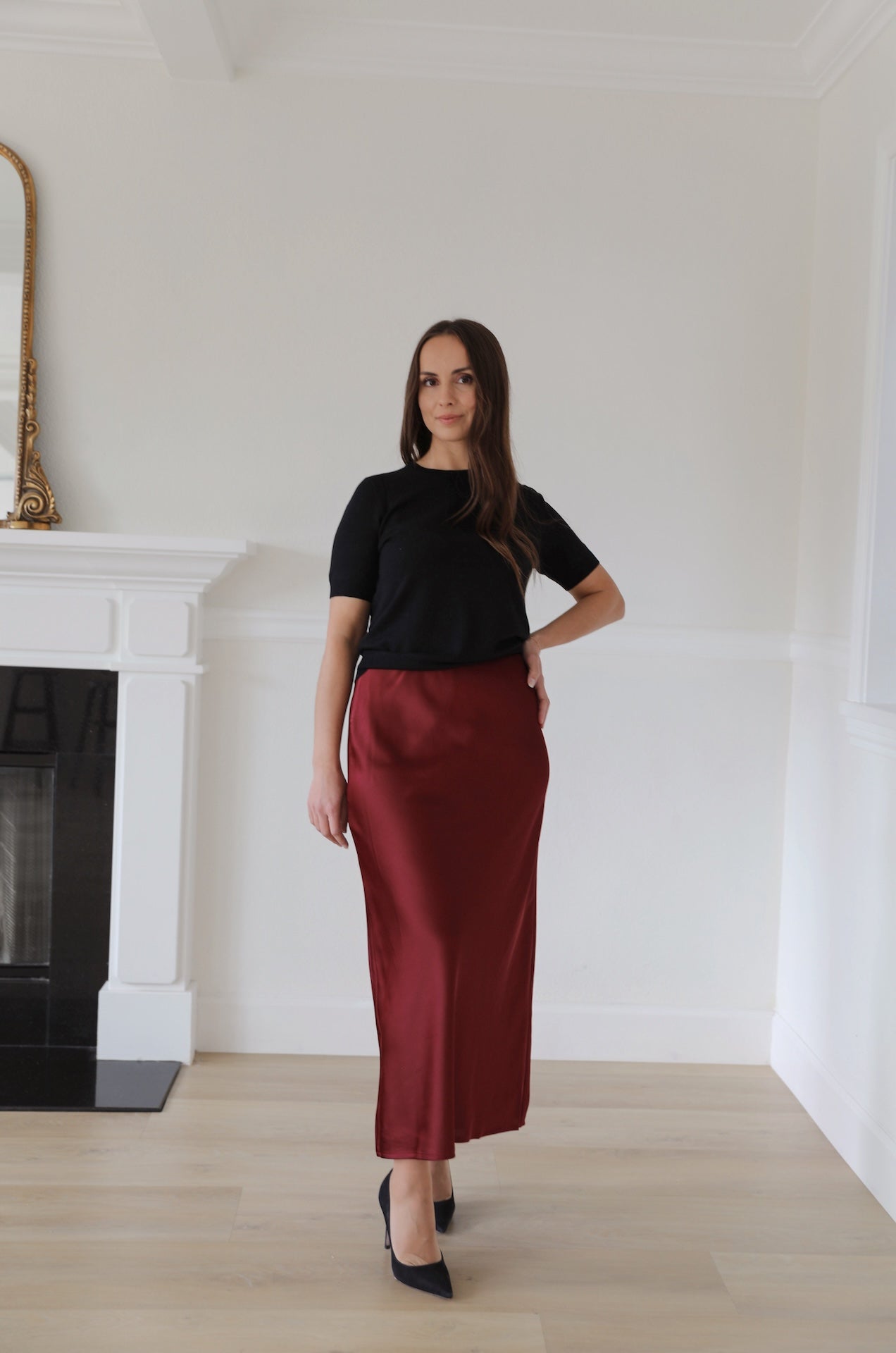 red burgundy satin midi skirt pull on
