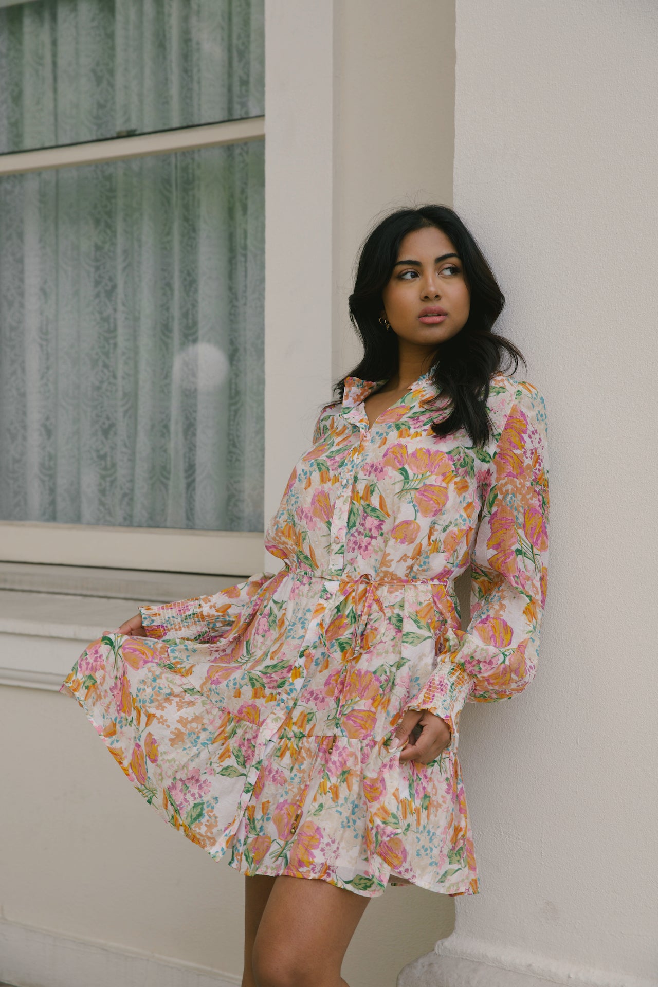 beige with orange floral mini dress with long sleeves and belted