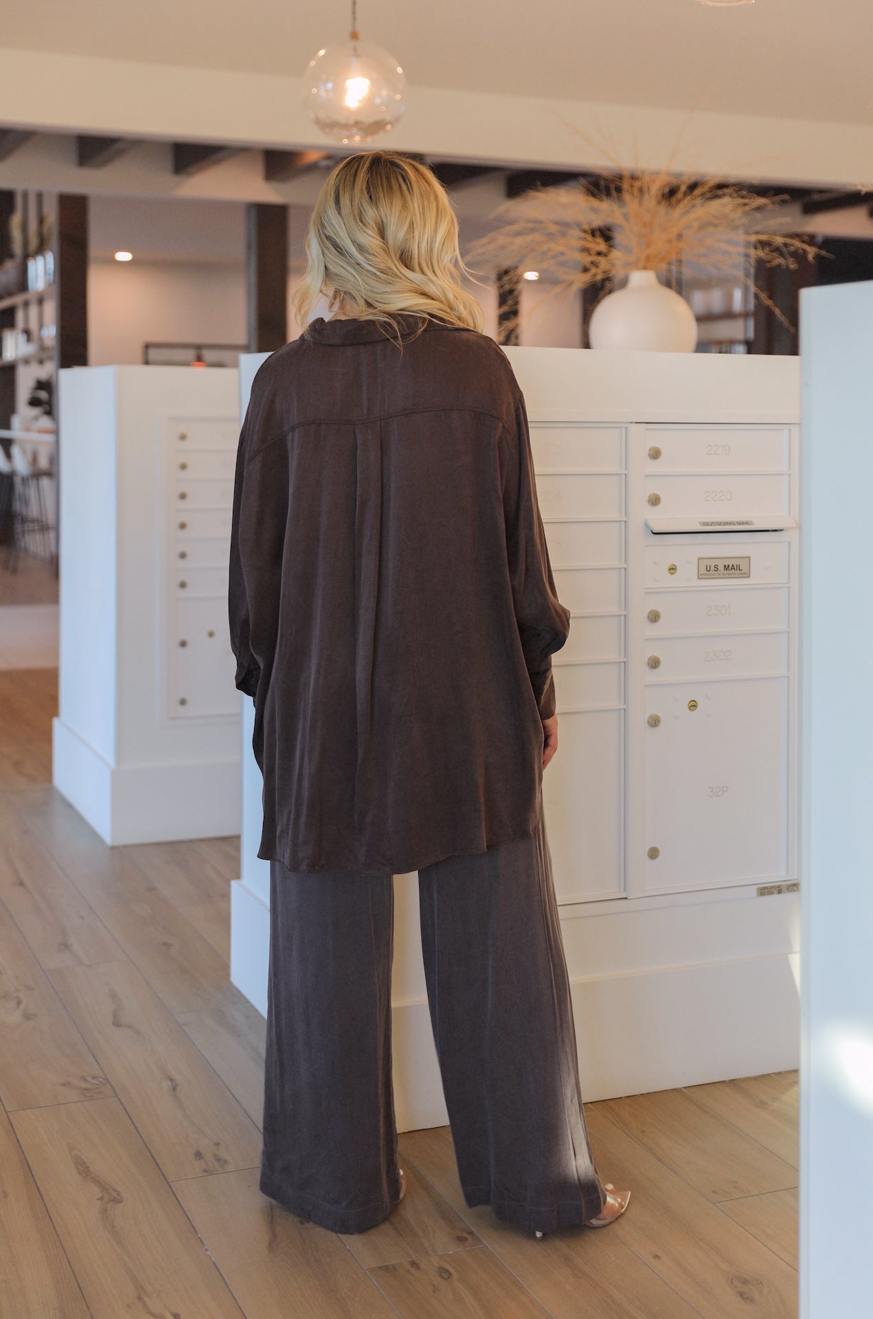 brown long sleeve oversized button down ants set