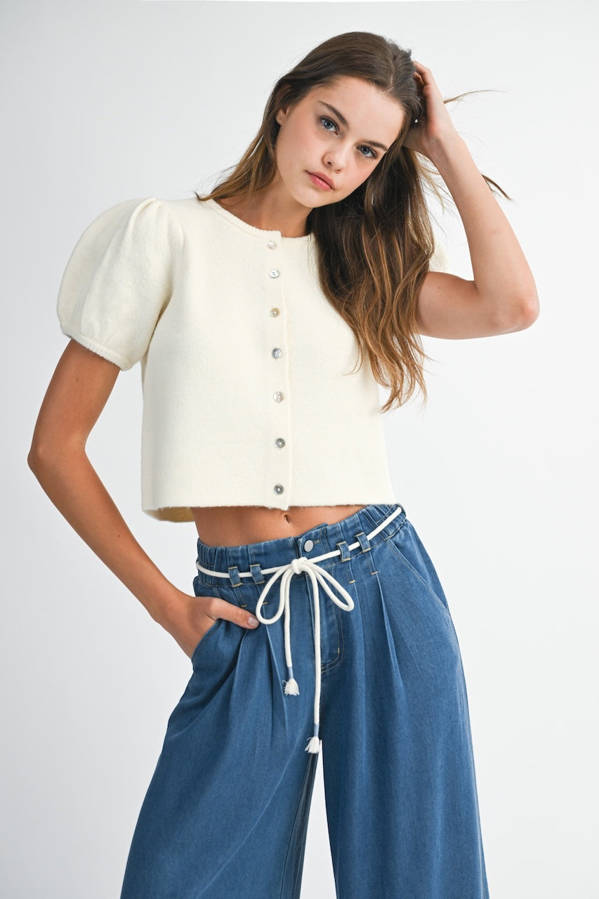 White Cropped Puff Sleeve Cardigan Sweater