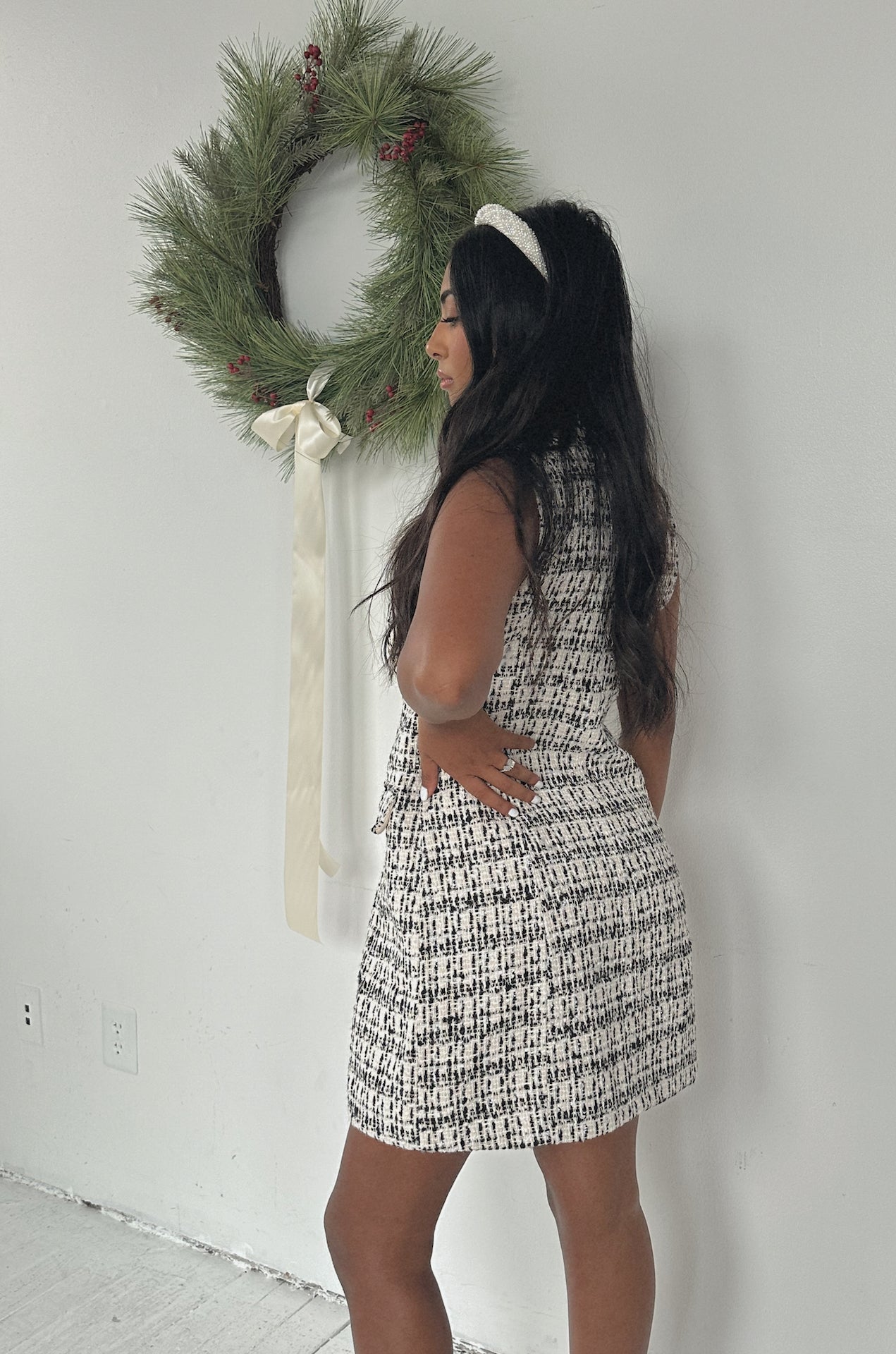 white and black sleeveless tweed mini dress