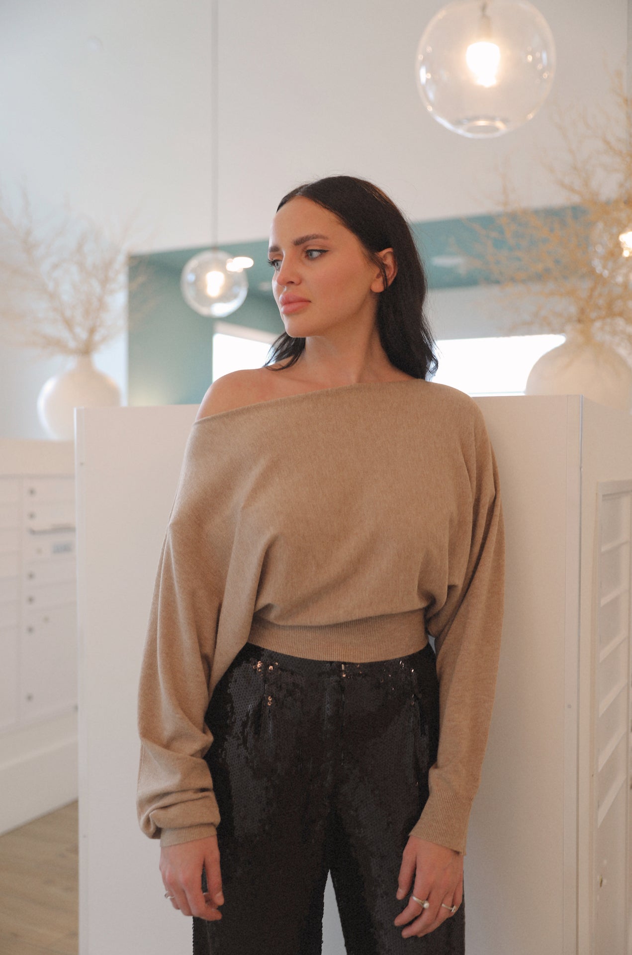 camel beige off the shoulder boat neck sweater top