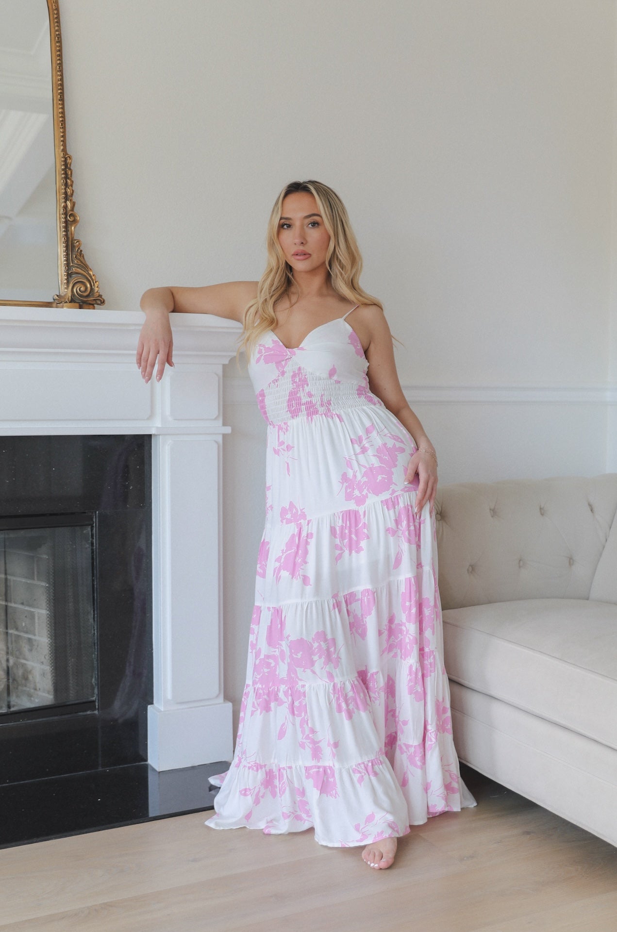 pink and white tiered maxi dress