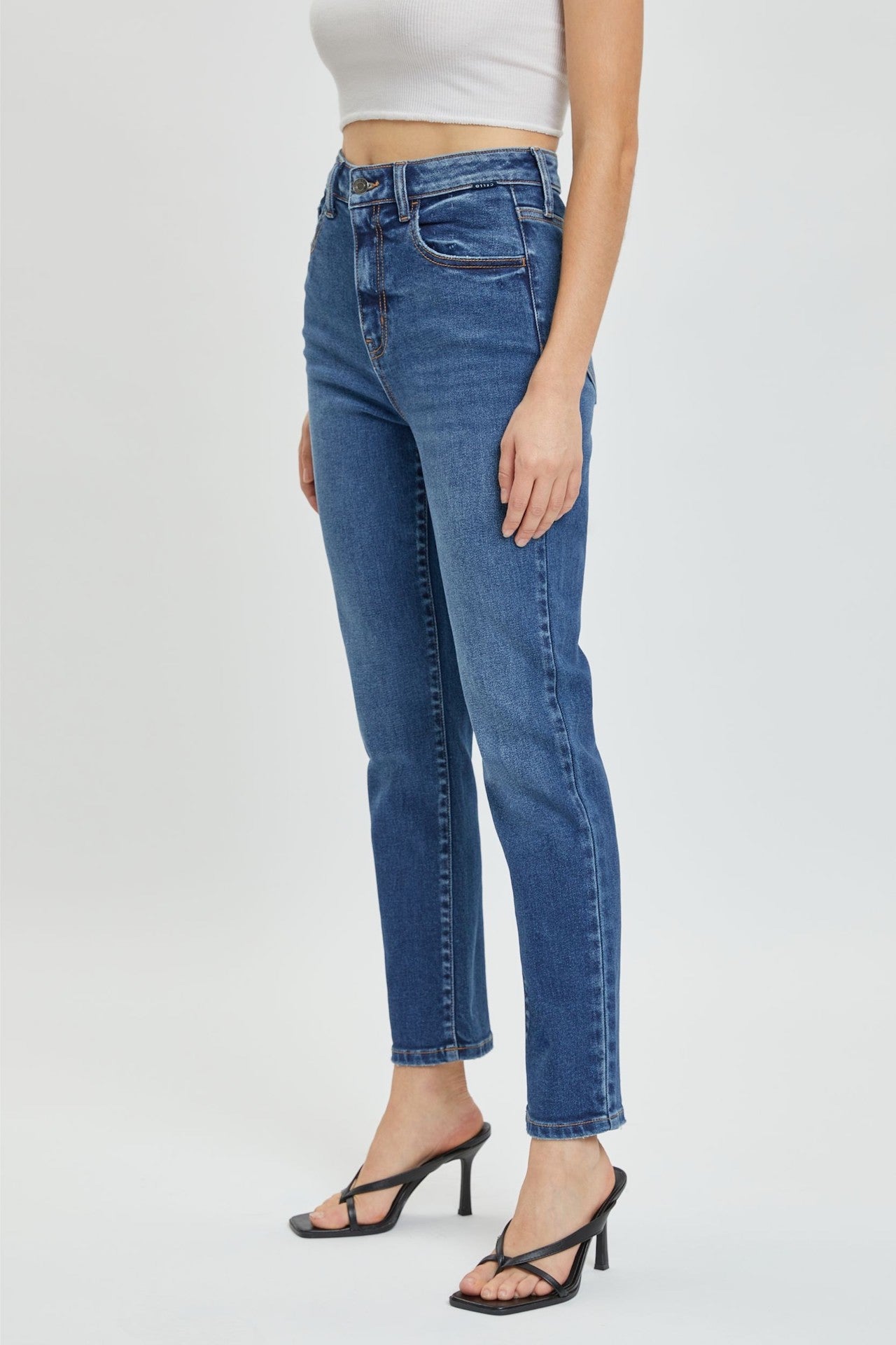 dark blue high rise straight jeans cropped