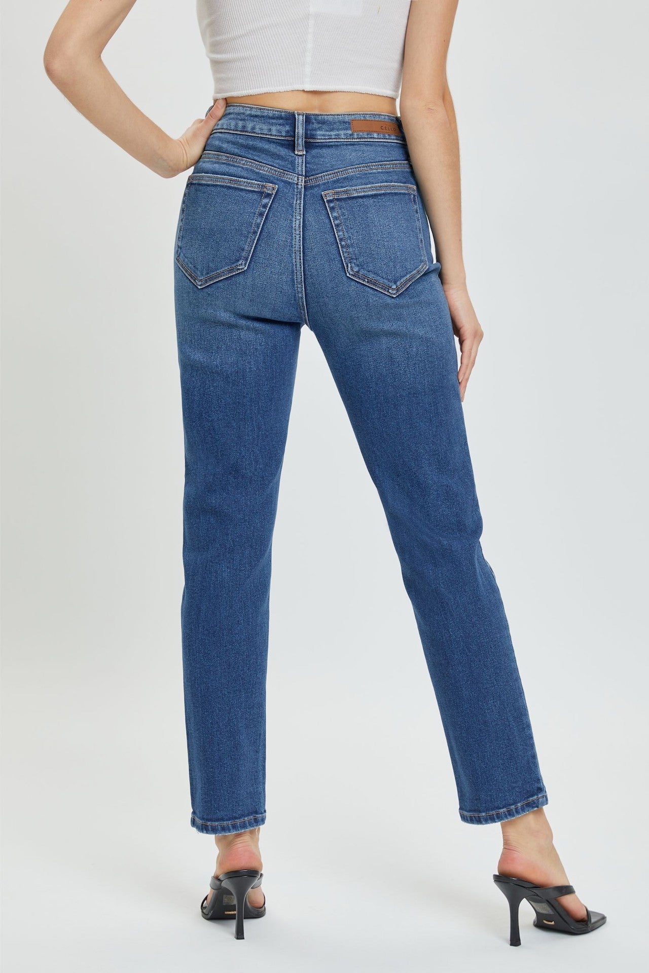 dark blue high rise straight jeans cropped