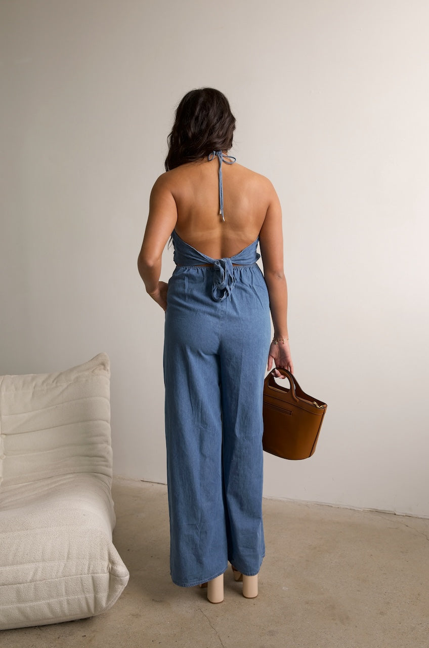 blue denim Halter Tie Wide Leg Jumpsuit
