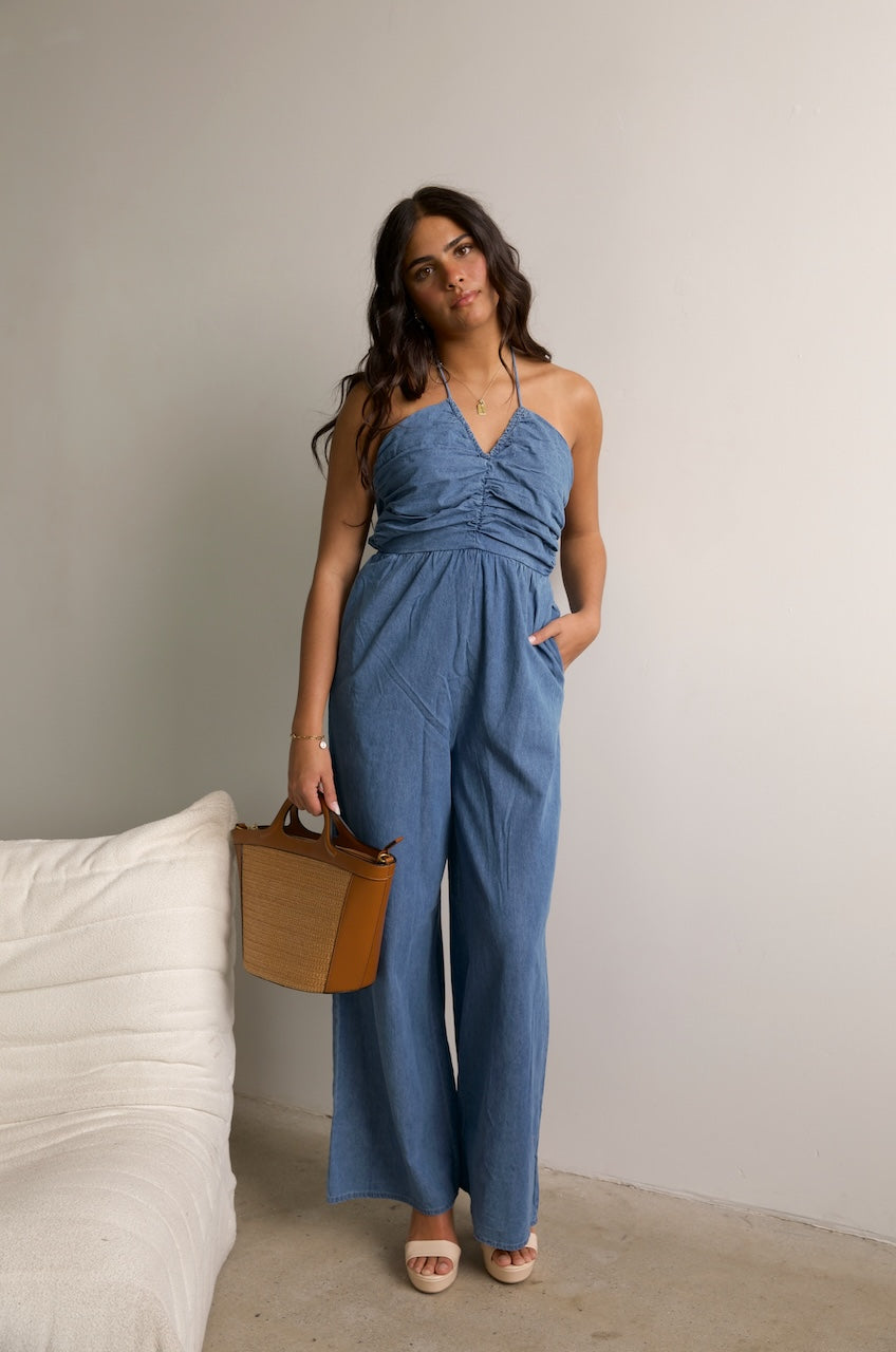 blue denim Halter Tie Wide Leg Jumpsuit