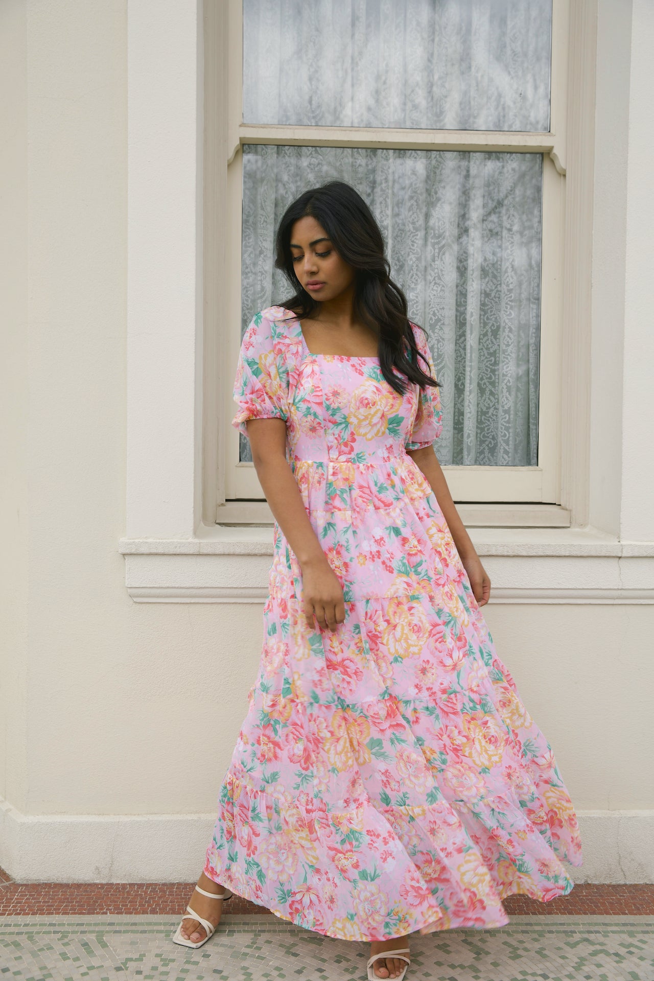 chiffon pink floral maxi dress with puff sleeves and a square neckline