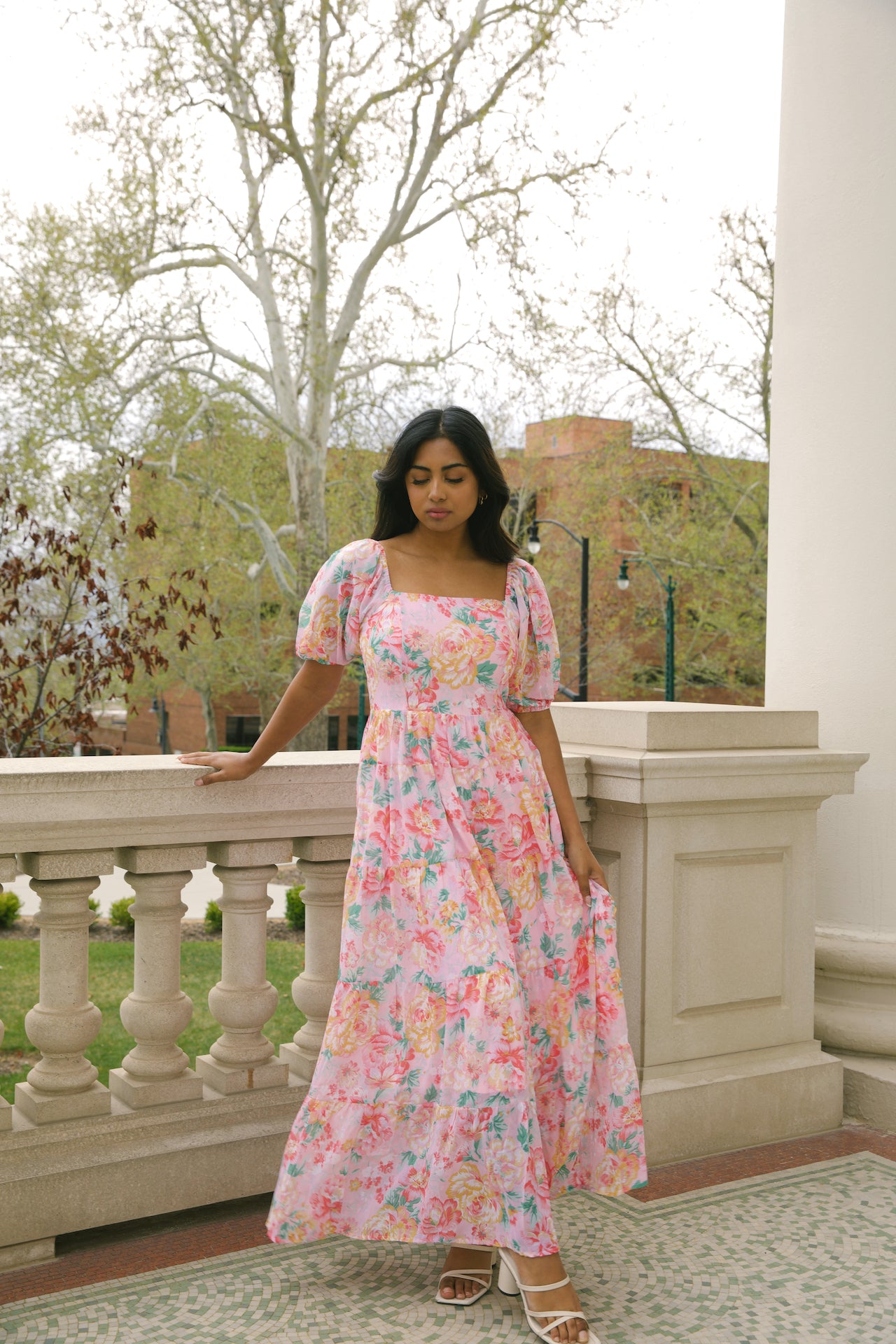 chiffon pink floral maxi dress with puff sleeves and a square neckline