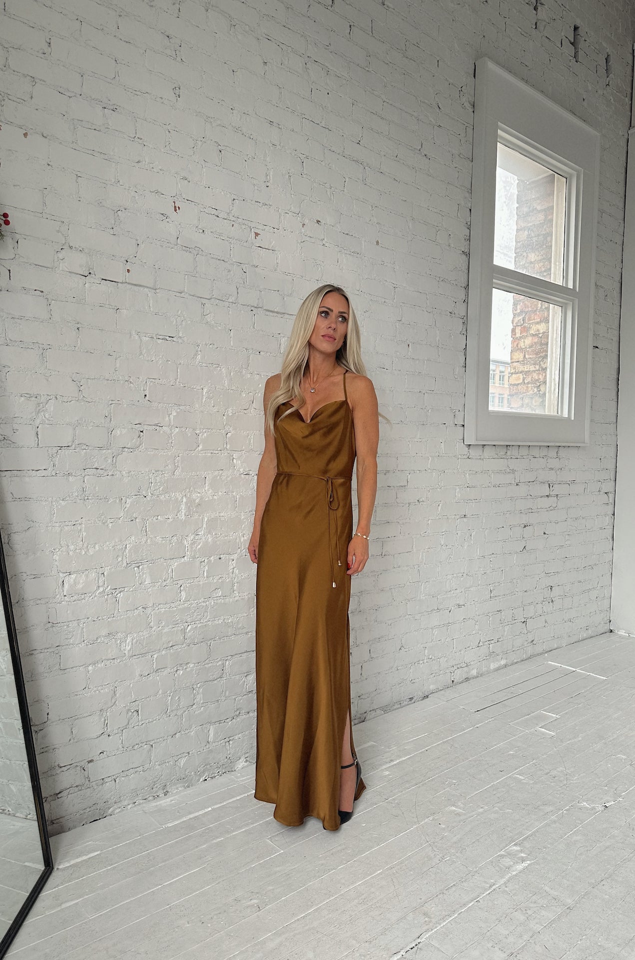 sleeveless bronze brown satin maxi dress with a cowl neckline and criss cross back