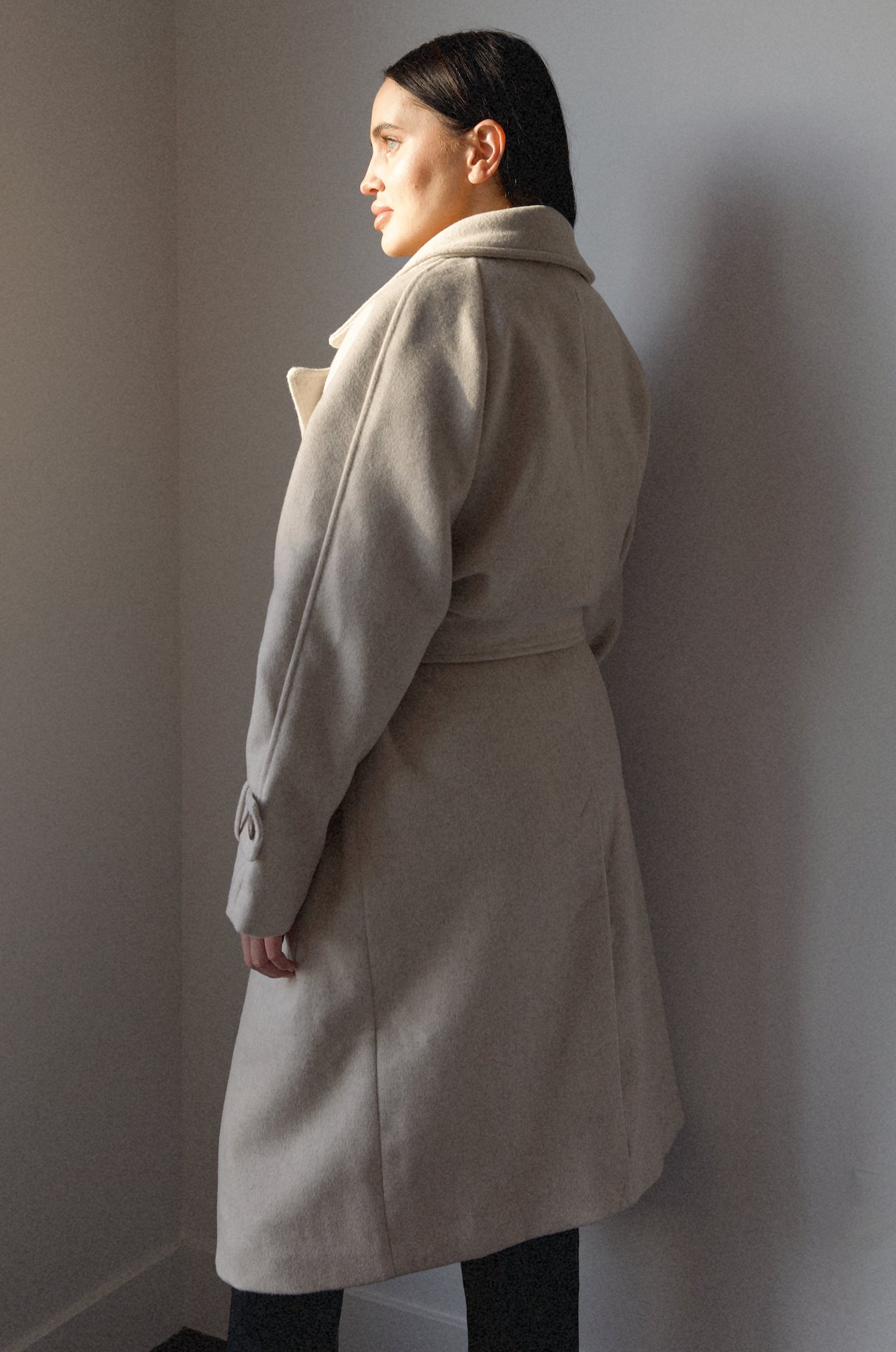belted cream oversized wool blend coat