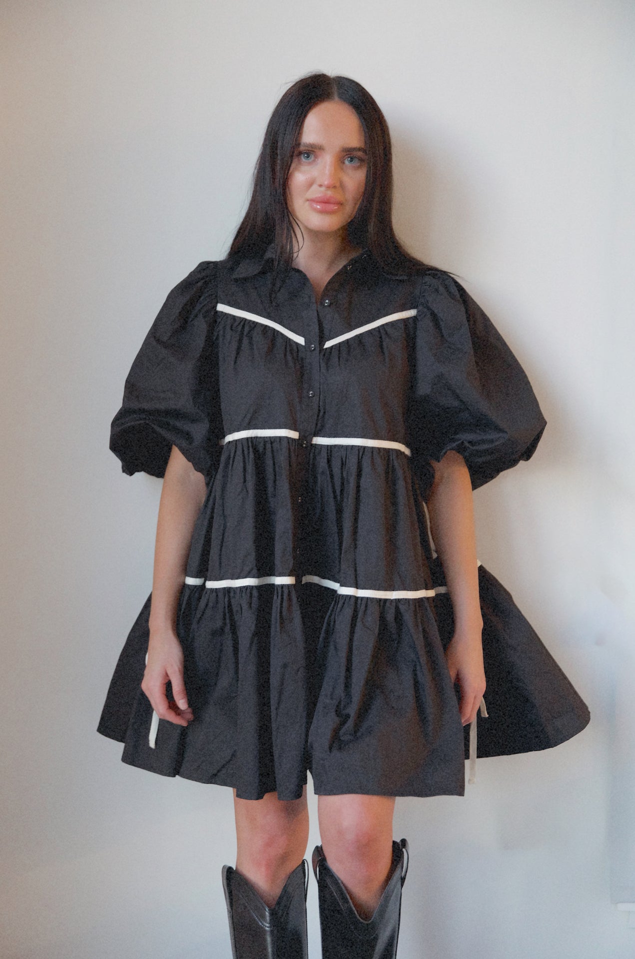 Amelie Black Puff Sleeve Babydoll Dress S