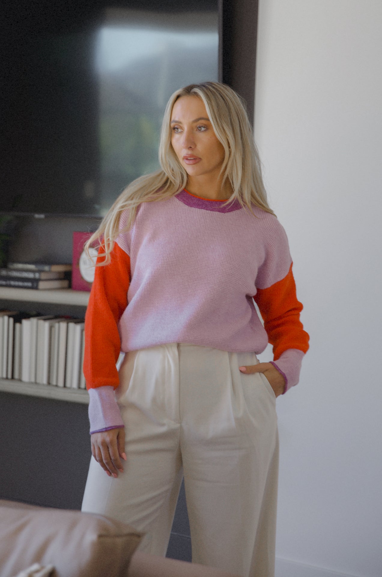purple and red color block knit sweater